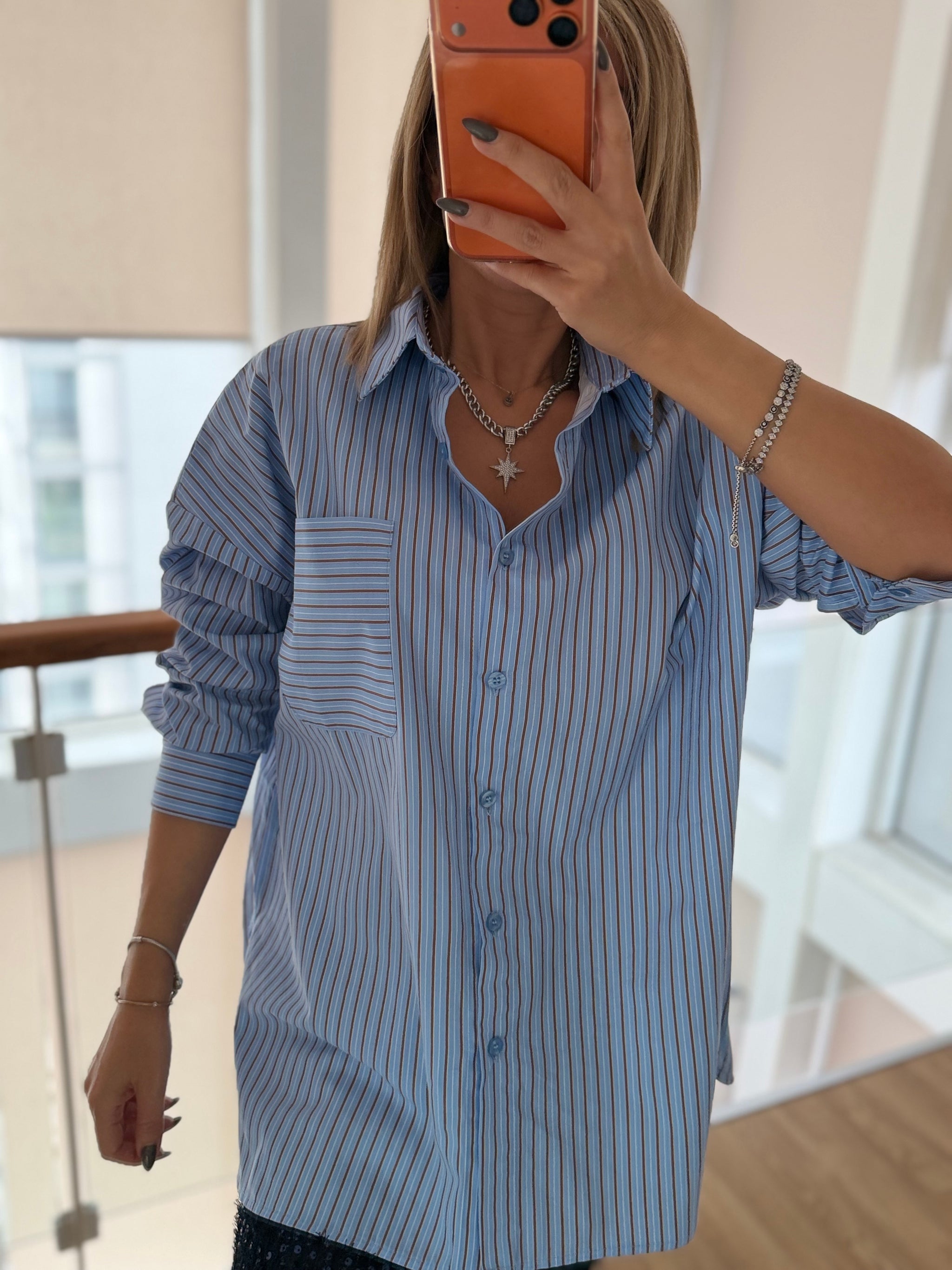 Mavi Çizgili Oversize Gömlek