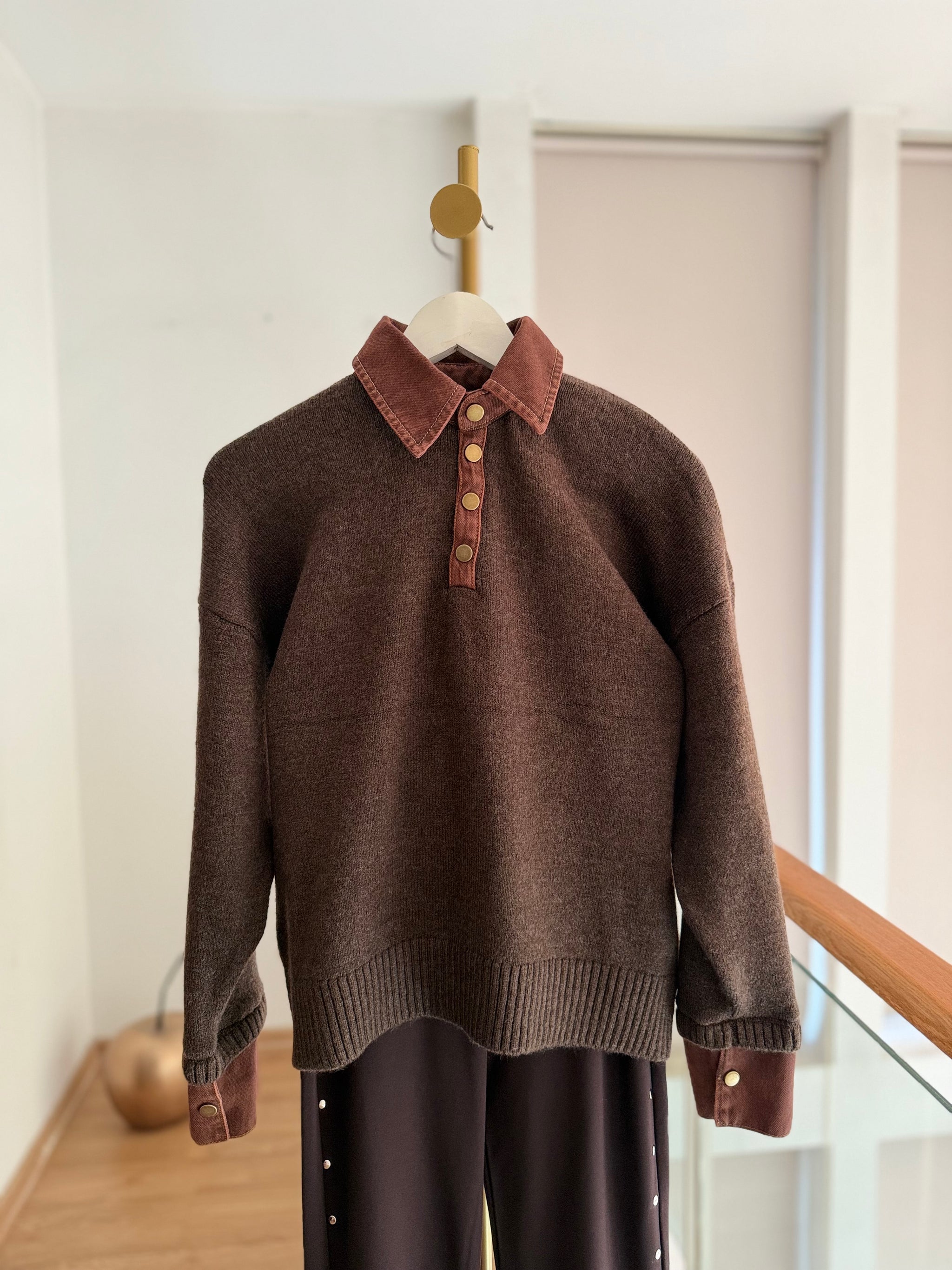 Denim Yaka&Kol Acı Kahve Triko Kazak