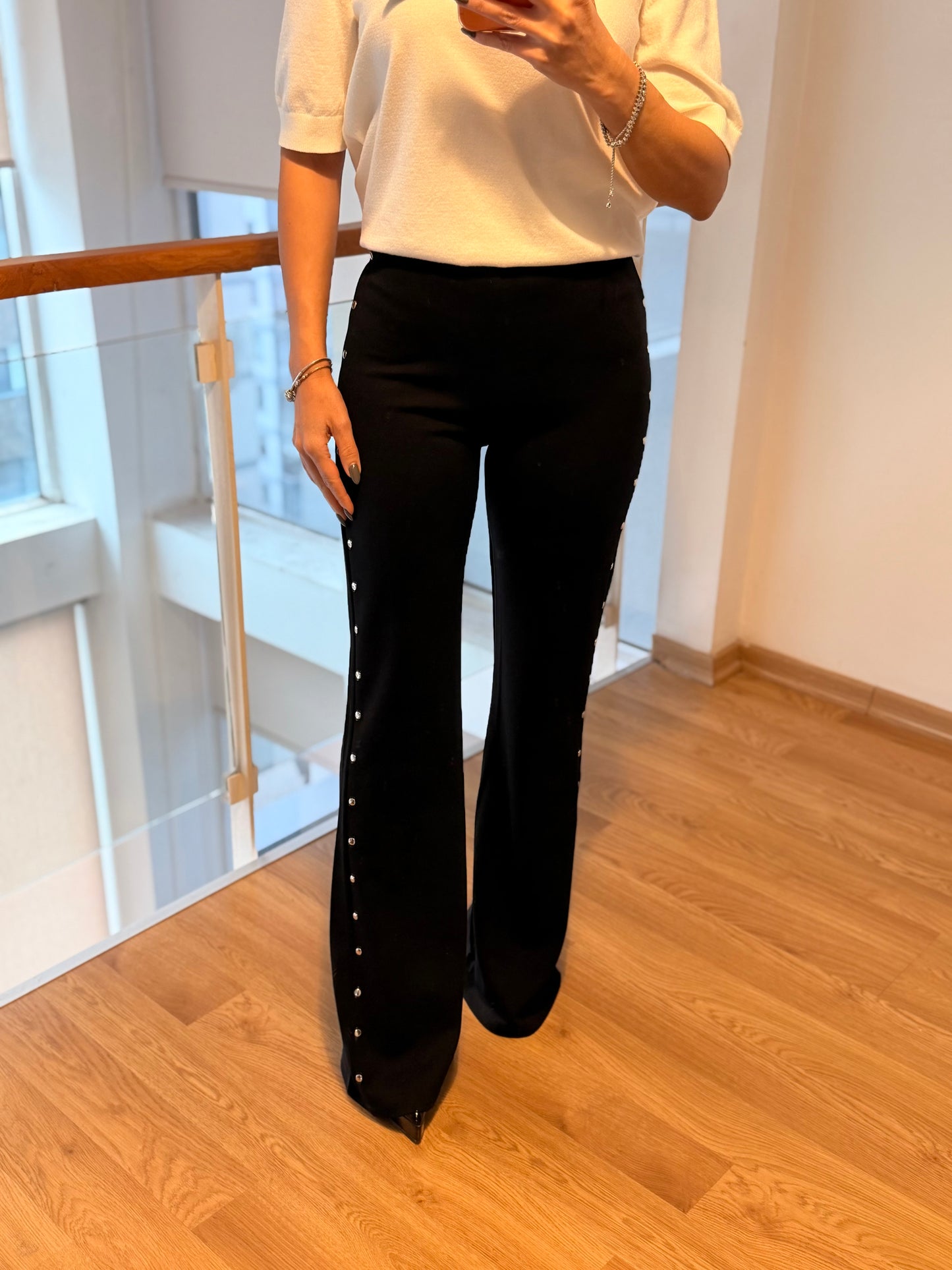 Zımba Detaylı İspanyol Paça Siyah Pantolon Tayt