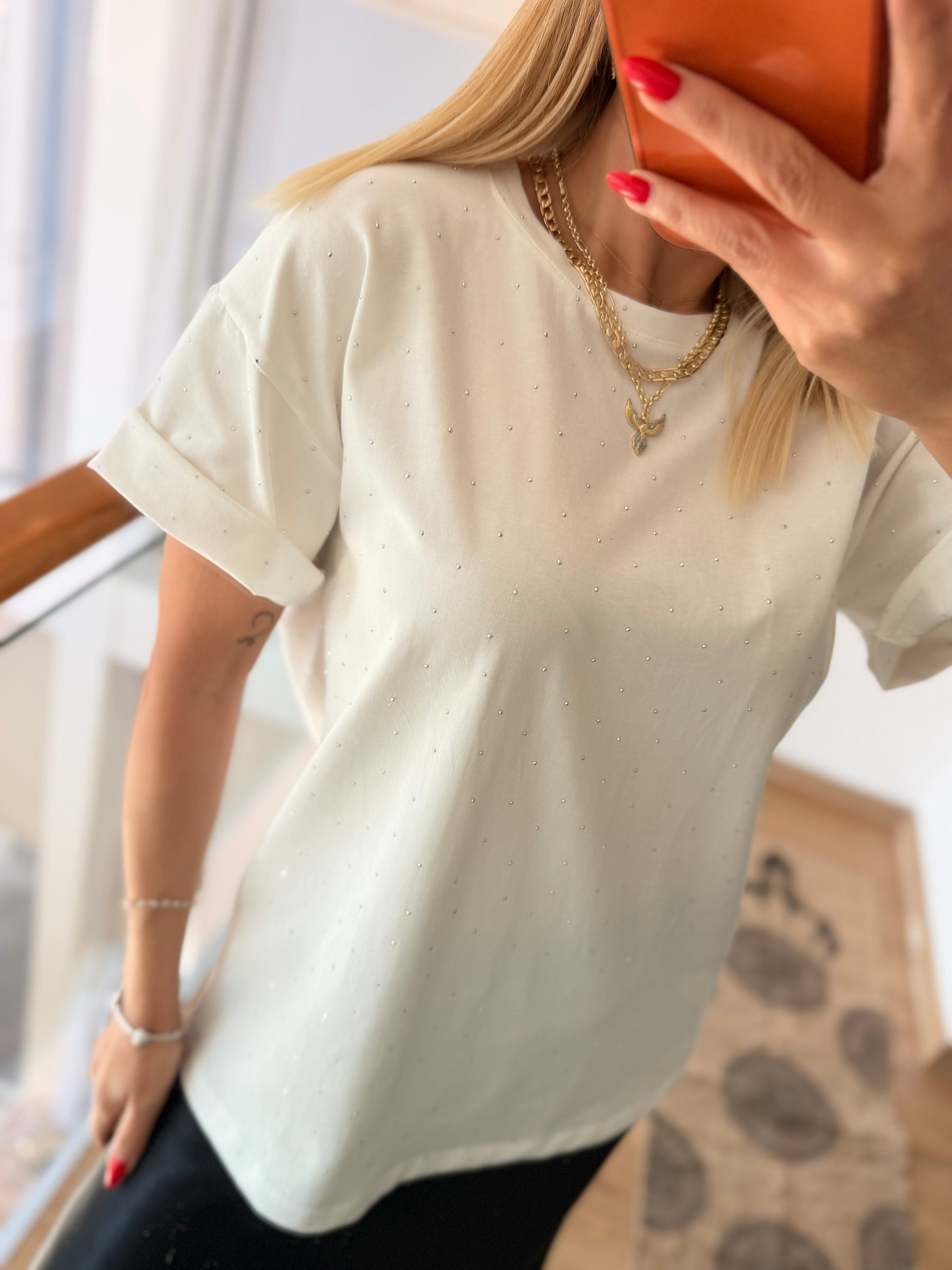 Taşlı Oversize Beyaz %100 Cotton Tshirt