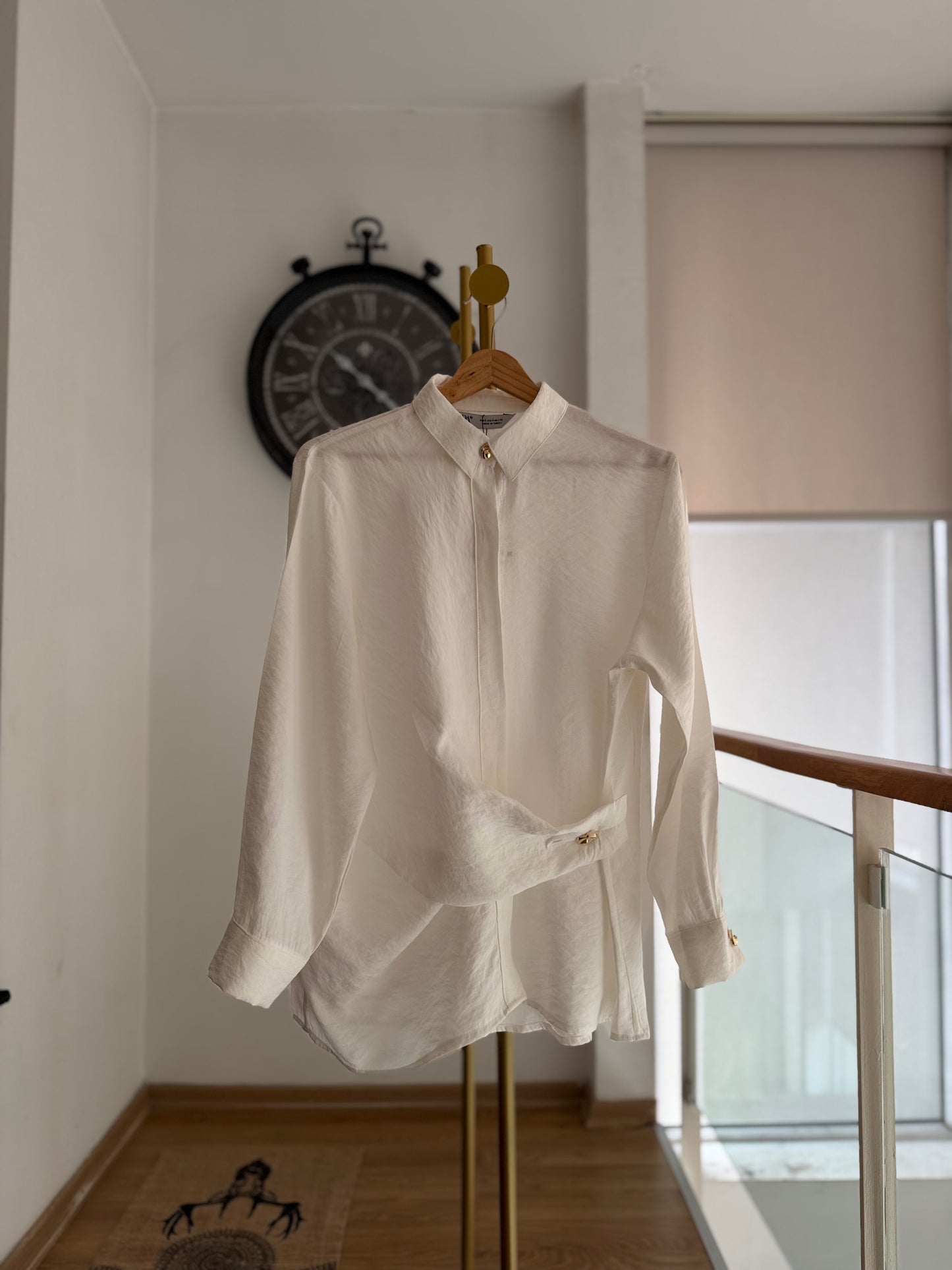 Gold Detaylı Premium Pamuklu Tencel Beyaz Gömlek