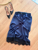 Saten Lacivert Midi Boy Dantel Detaylı Etek