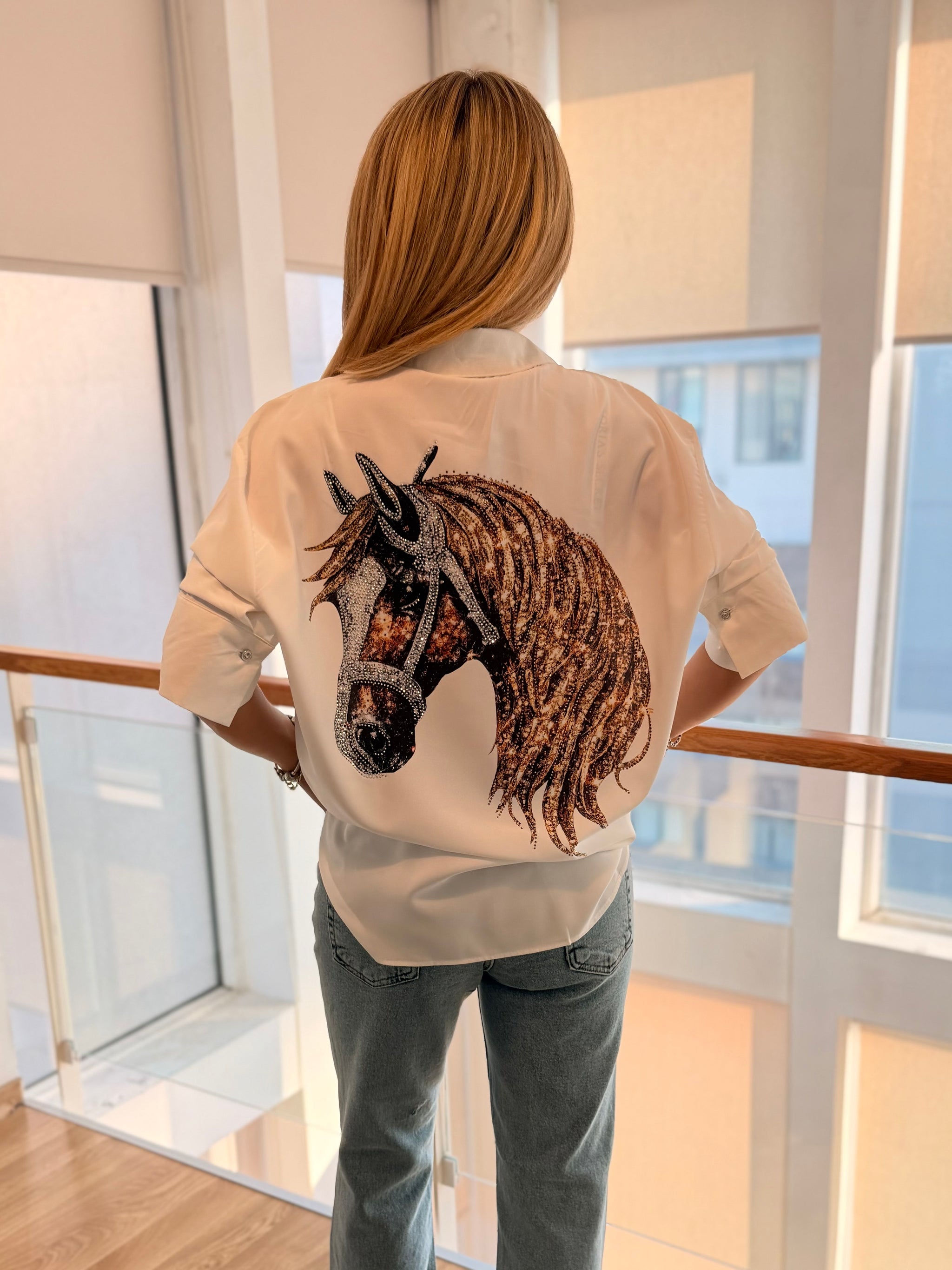 Taşlı Horse2 Tasarım İpek Saten Gömlek