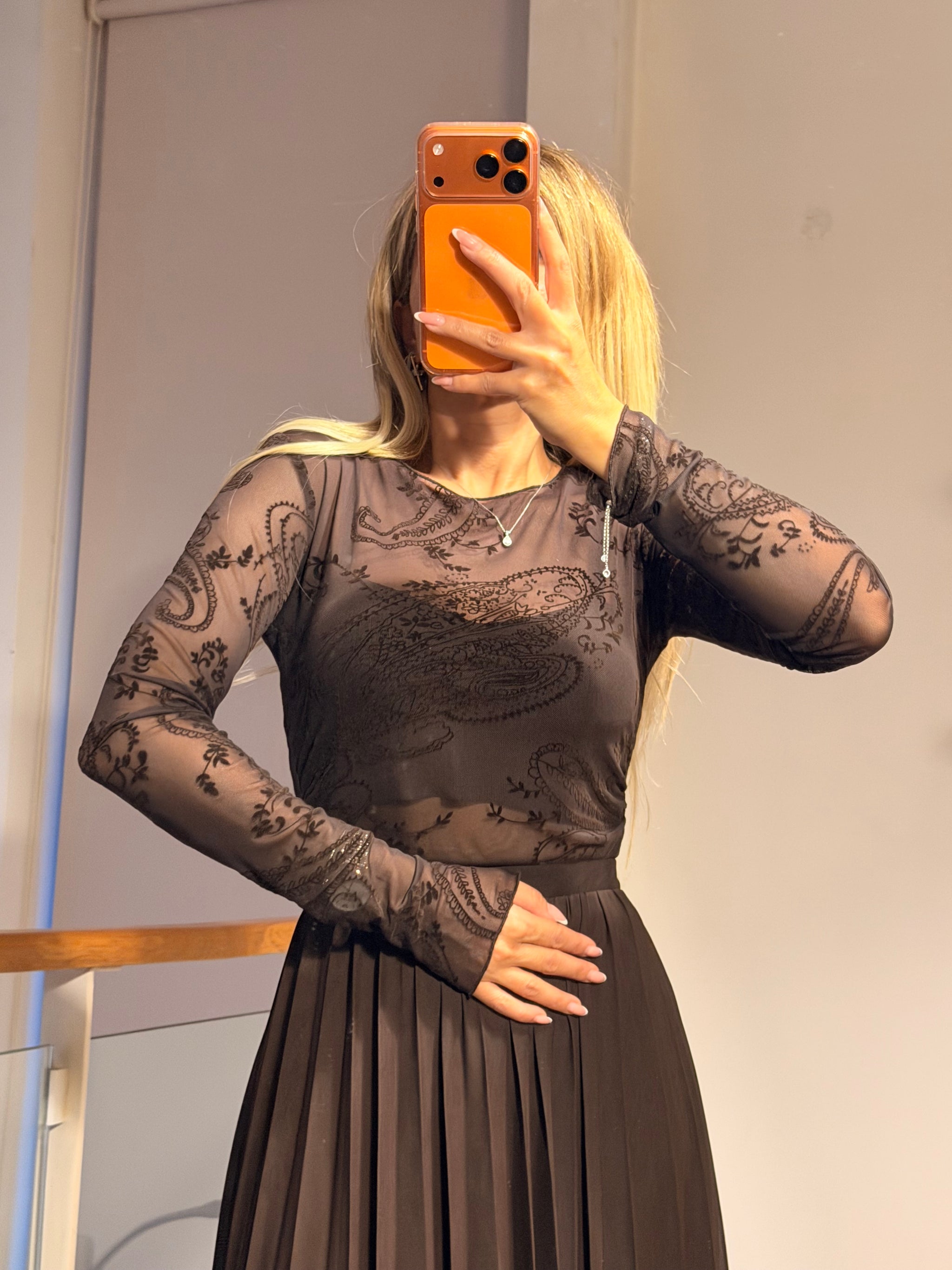 Acı Kahve Tül Desenli Şifon Bluz