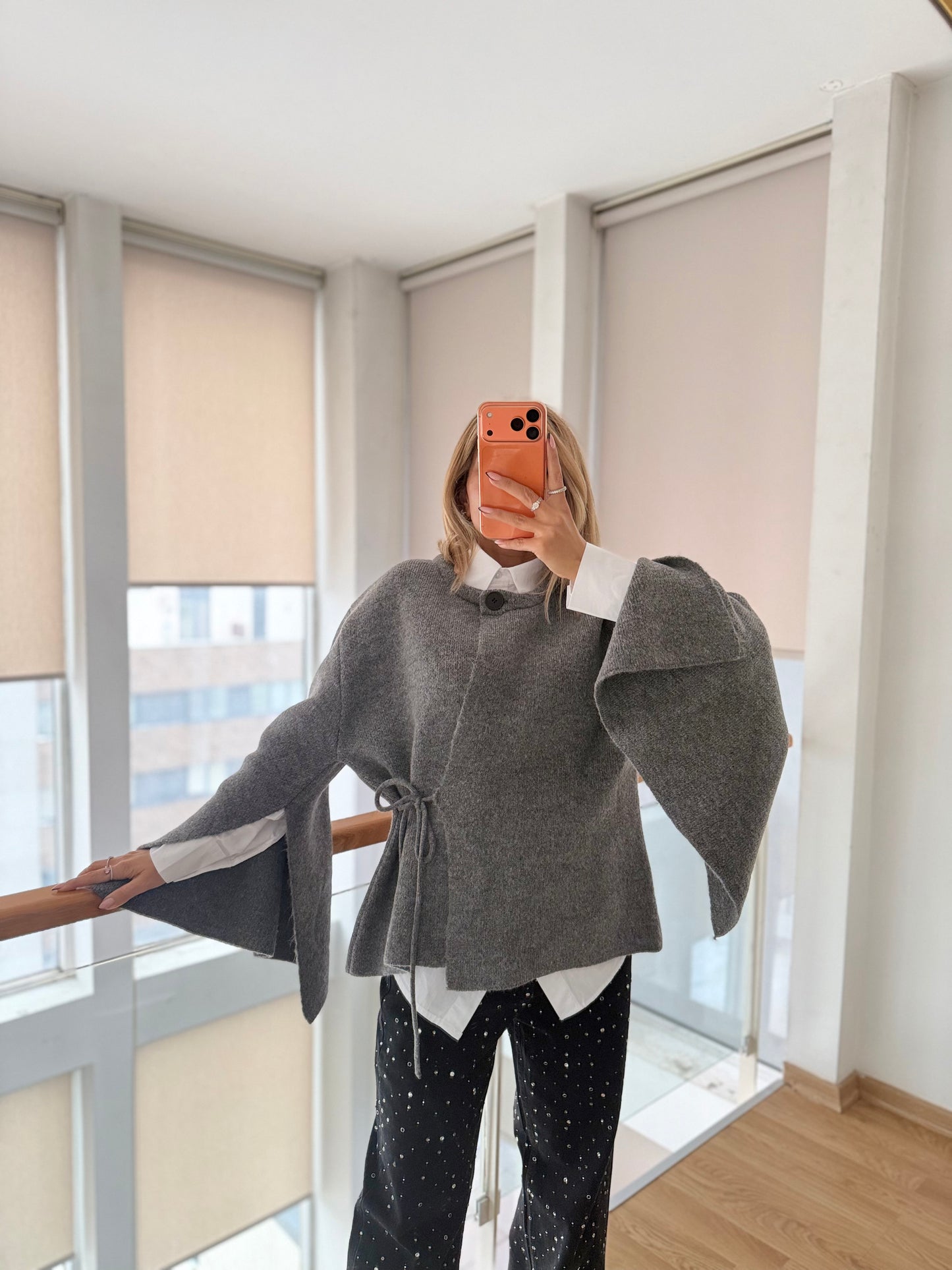 Lueur Concept Yarasa Kol Gri Triko Hırka&Ceket