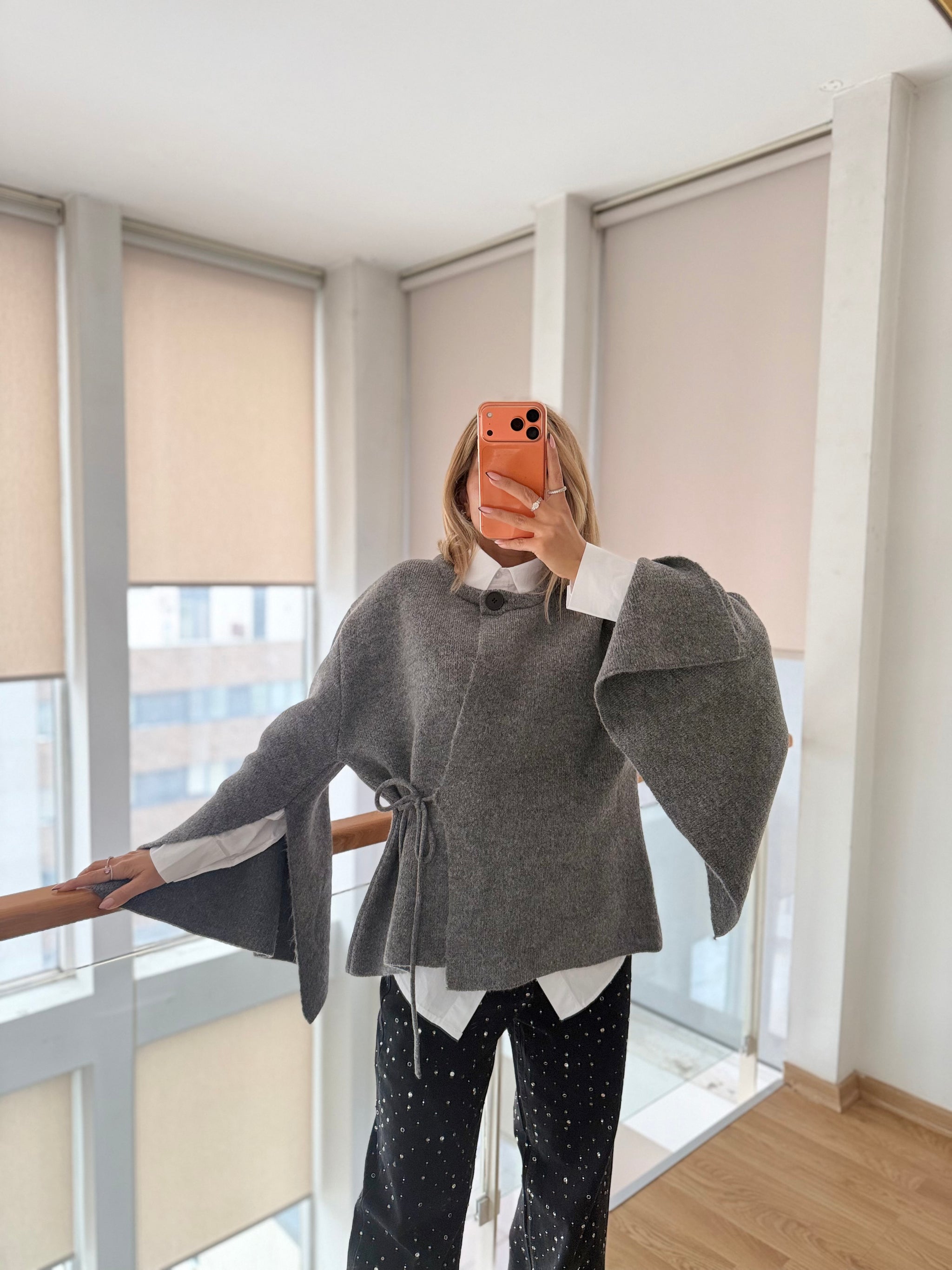 Lueur Concept Yarasa Kol Gri Triko Hırka&Ceket