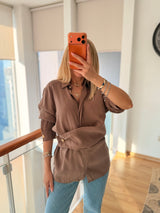 Gold Detaylı Premium Pamuklu Tencel Pastel Kahve Gömlek