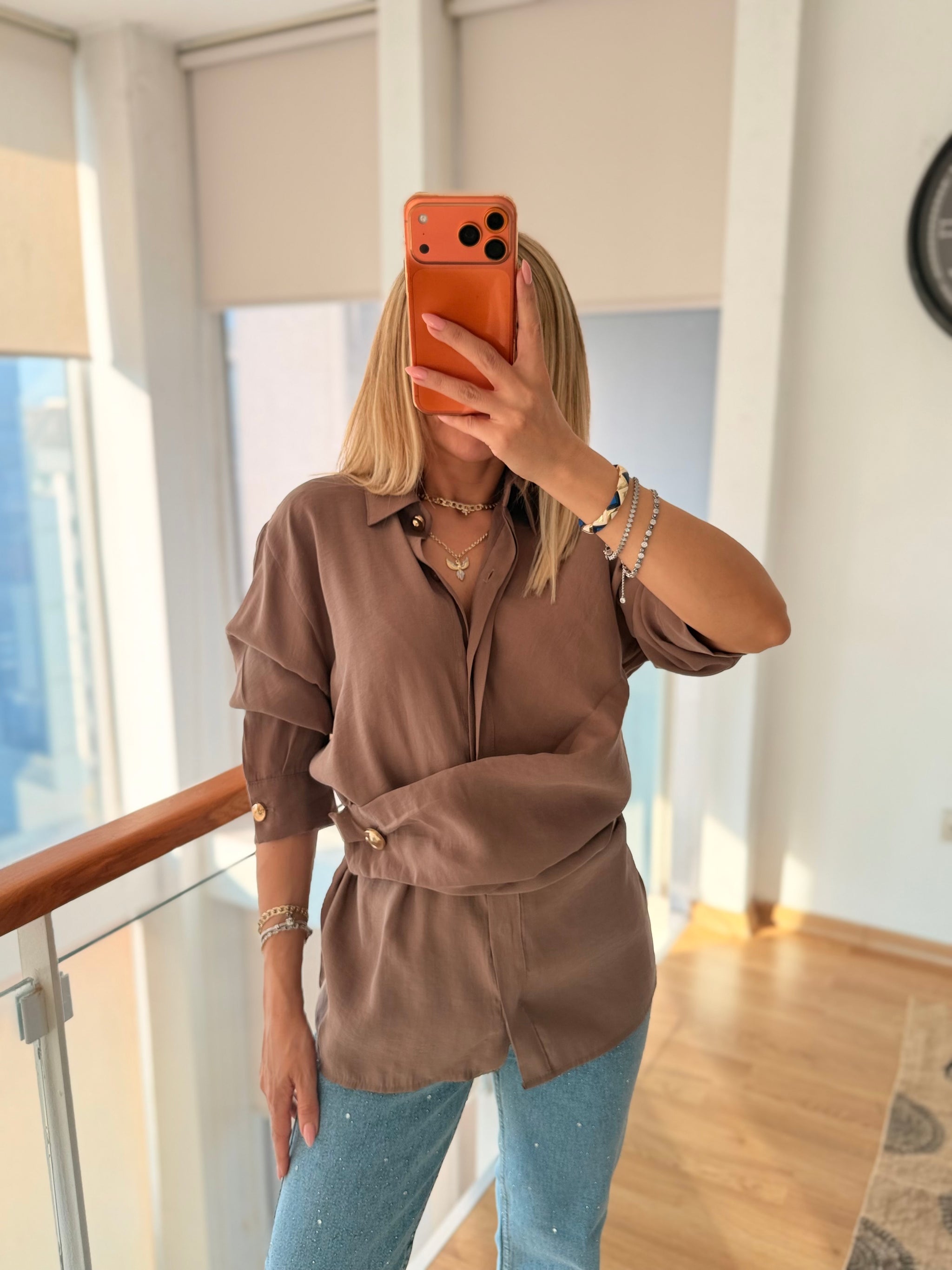 Gold Detaylı Premium Pamuklu Tencel Pastel Kahve Gömlek