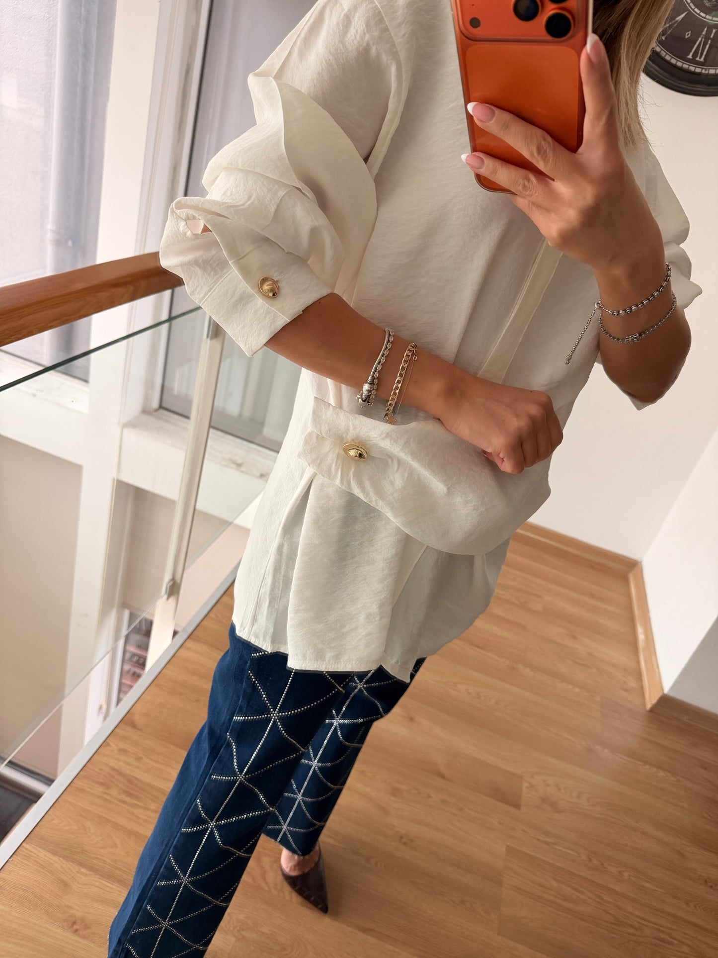 Gold Detaylı Premium Pamuklu Tencel Beyaz Gömlek