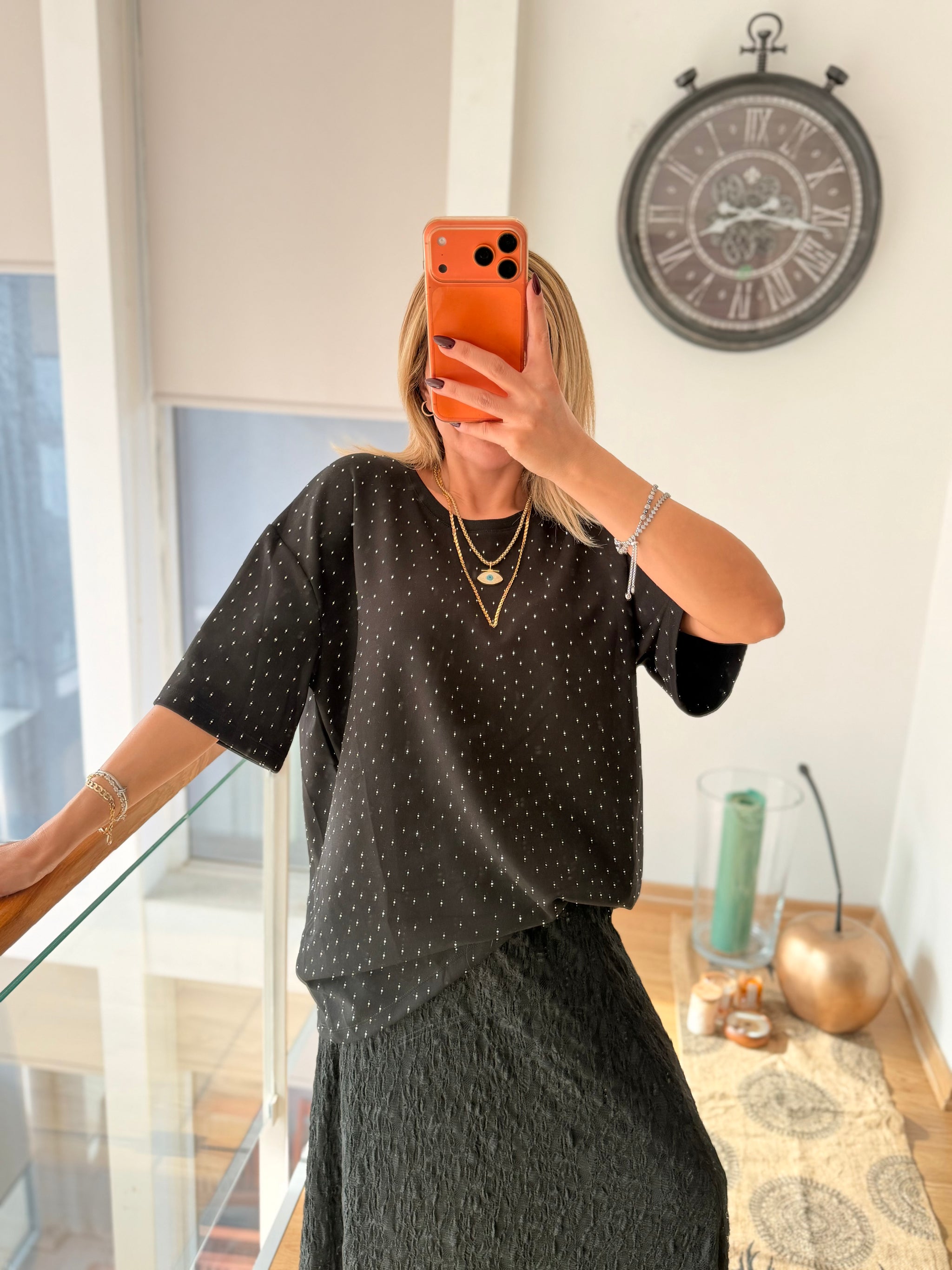 Taşlı Oversize Siyah %100 Cotton Tshirt
