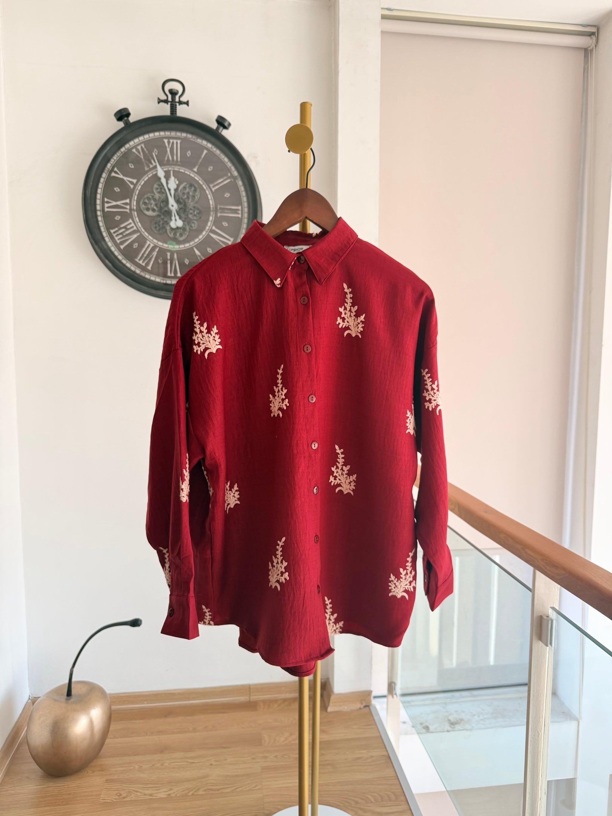 Bordo Nakış İşlemeli Oversize Gömlek