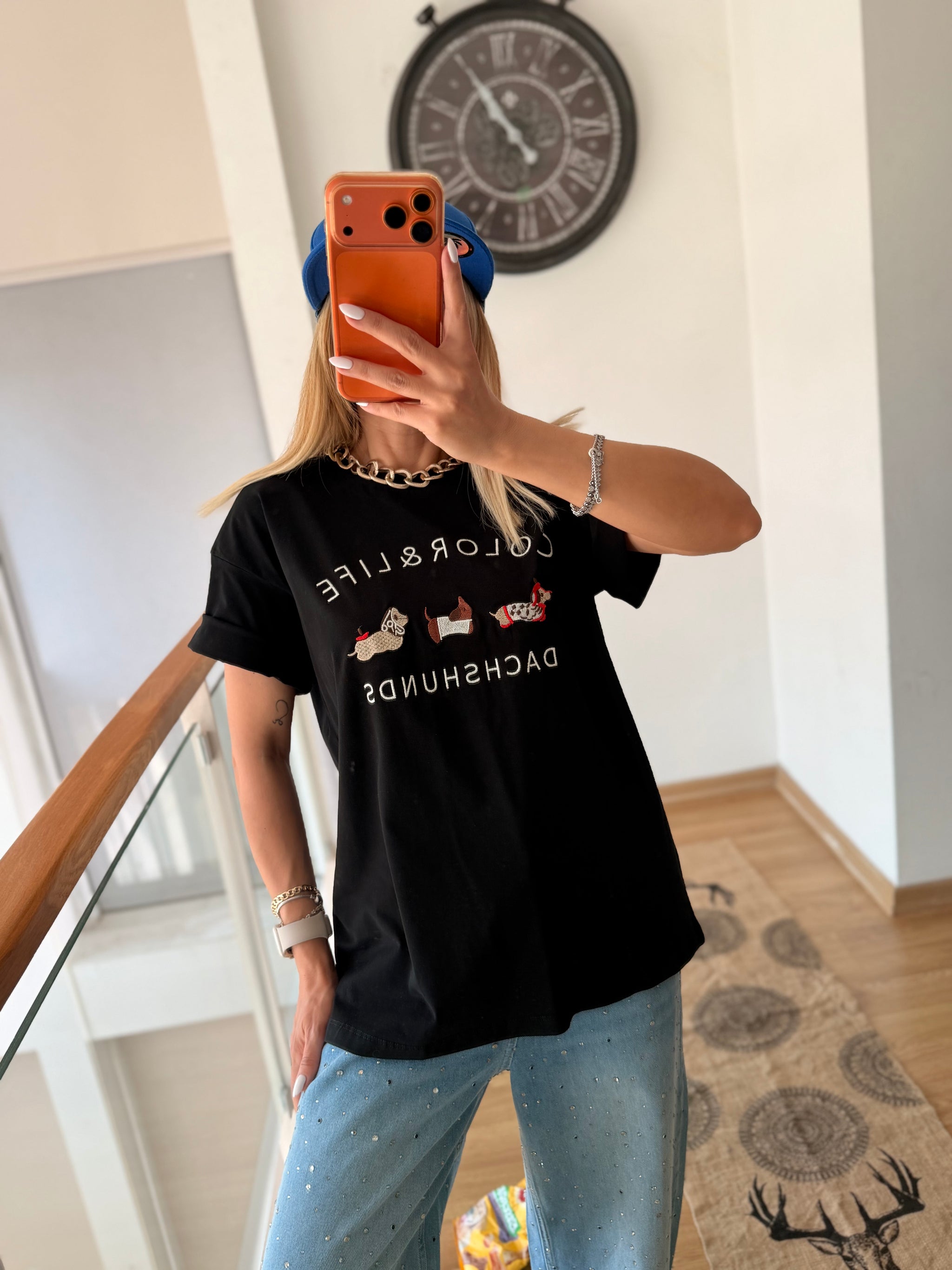 Köpek Figürlü Siyah Oversize Tshirt Color&Life