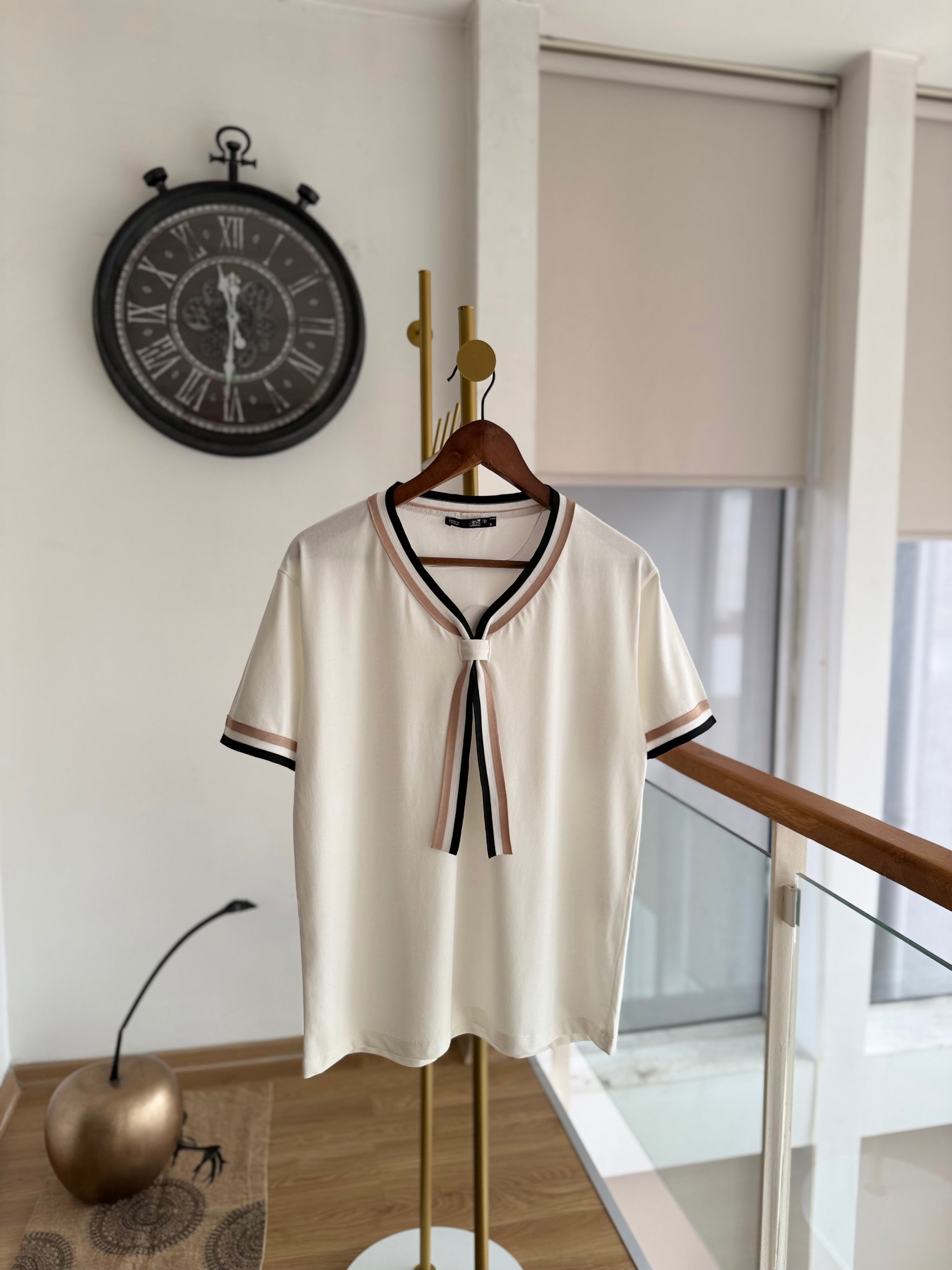 Örme Denizci Yaka Beyaz %100 Cotton Tshirt