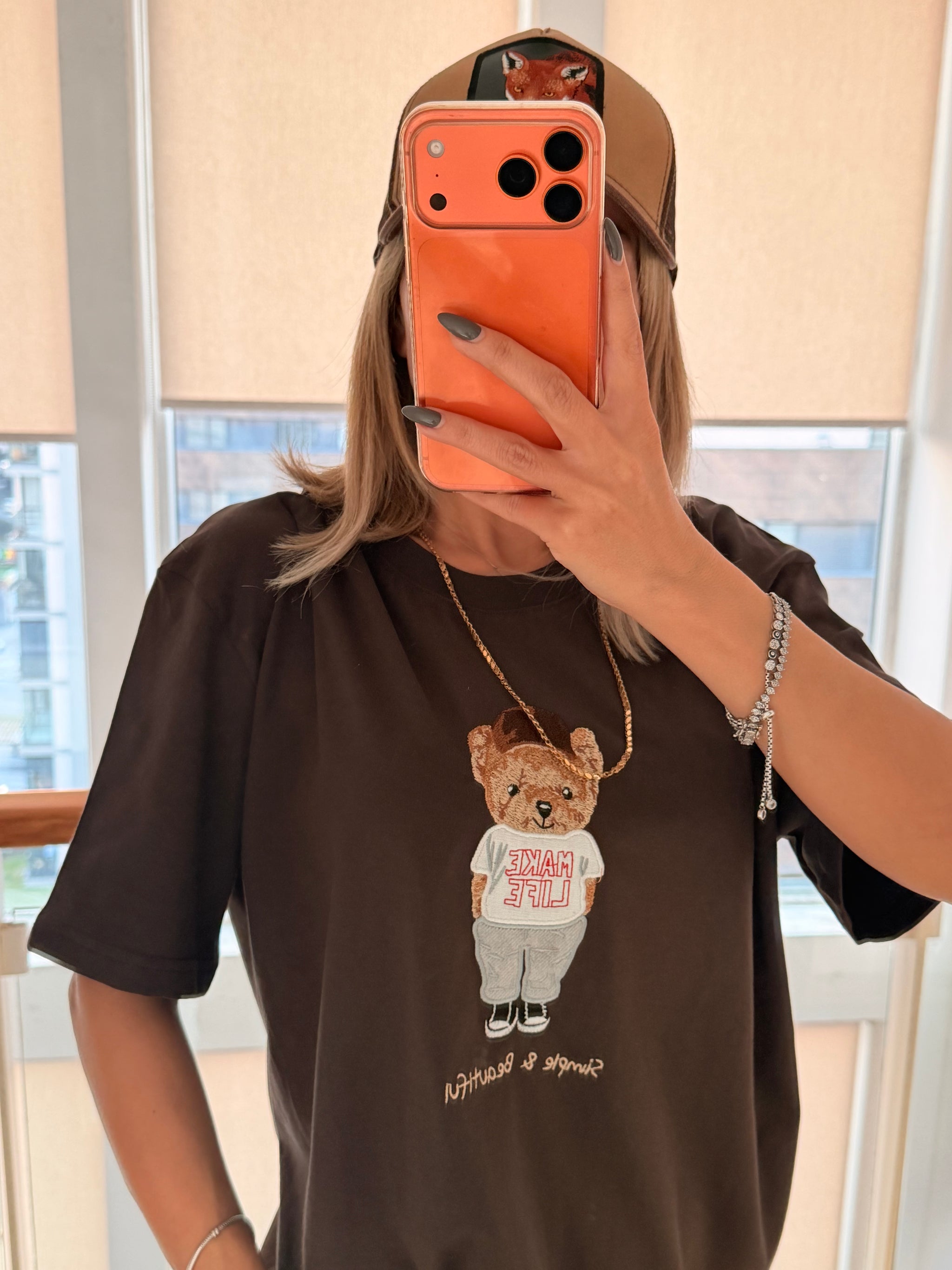 Make Life Bear İşlemeli Acı Kahve Unisex Basic T-shirt