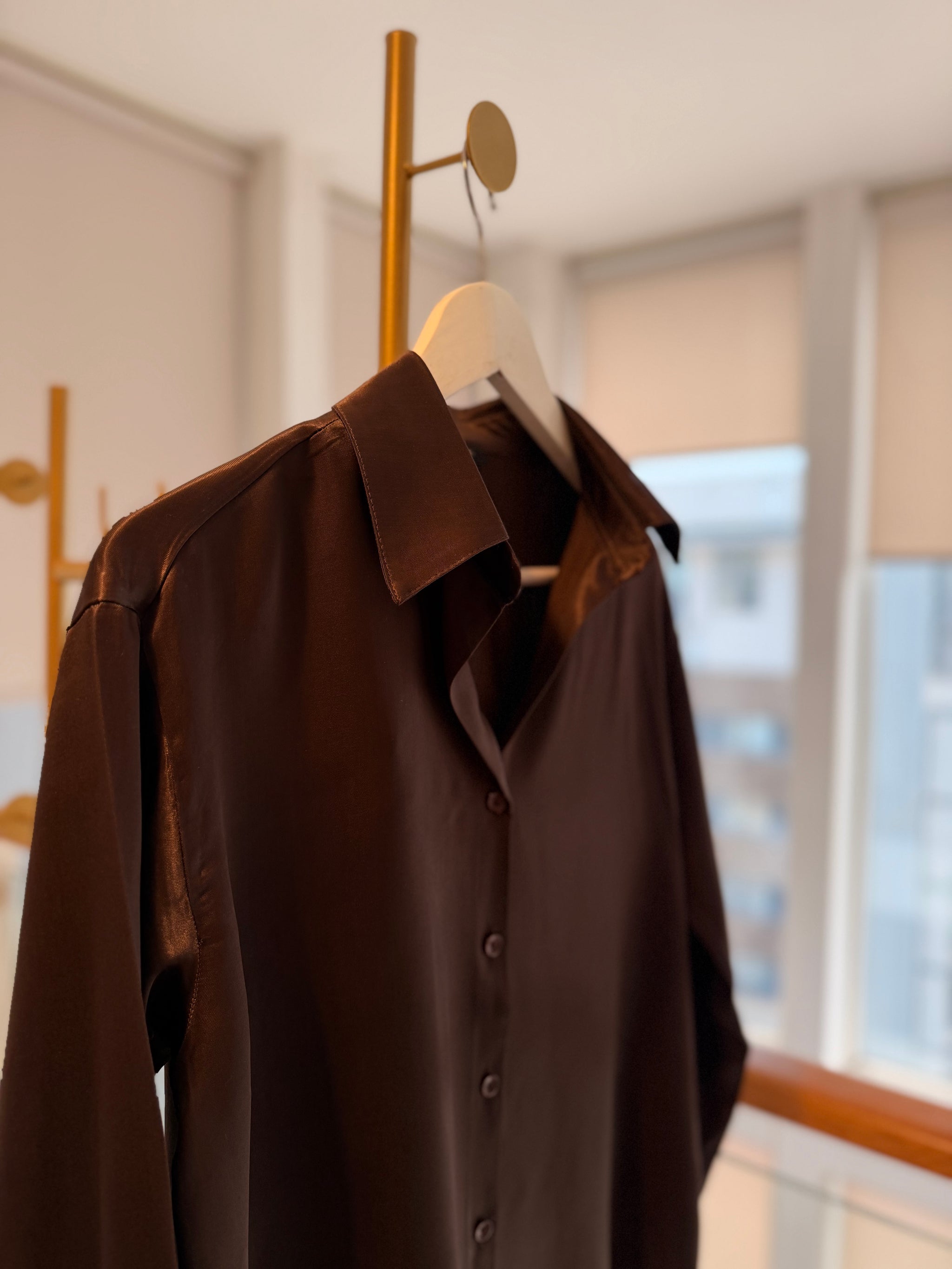 Acı Kahve Dökümlü Pamuk Saten Gömlek