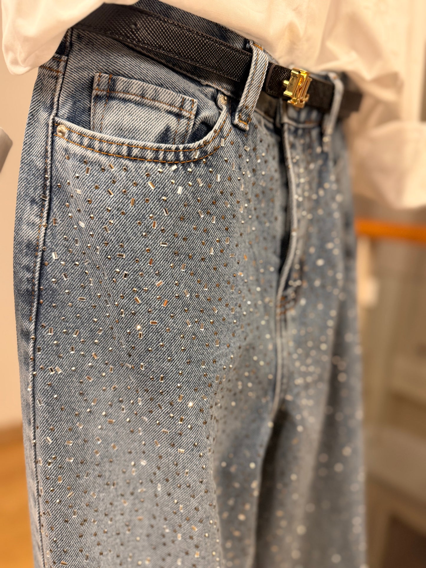 Baget Taşlı Yüksek Bel Palazzo Jean