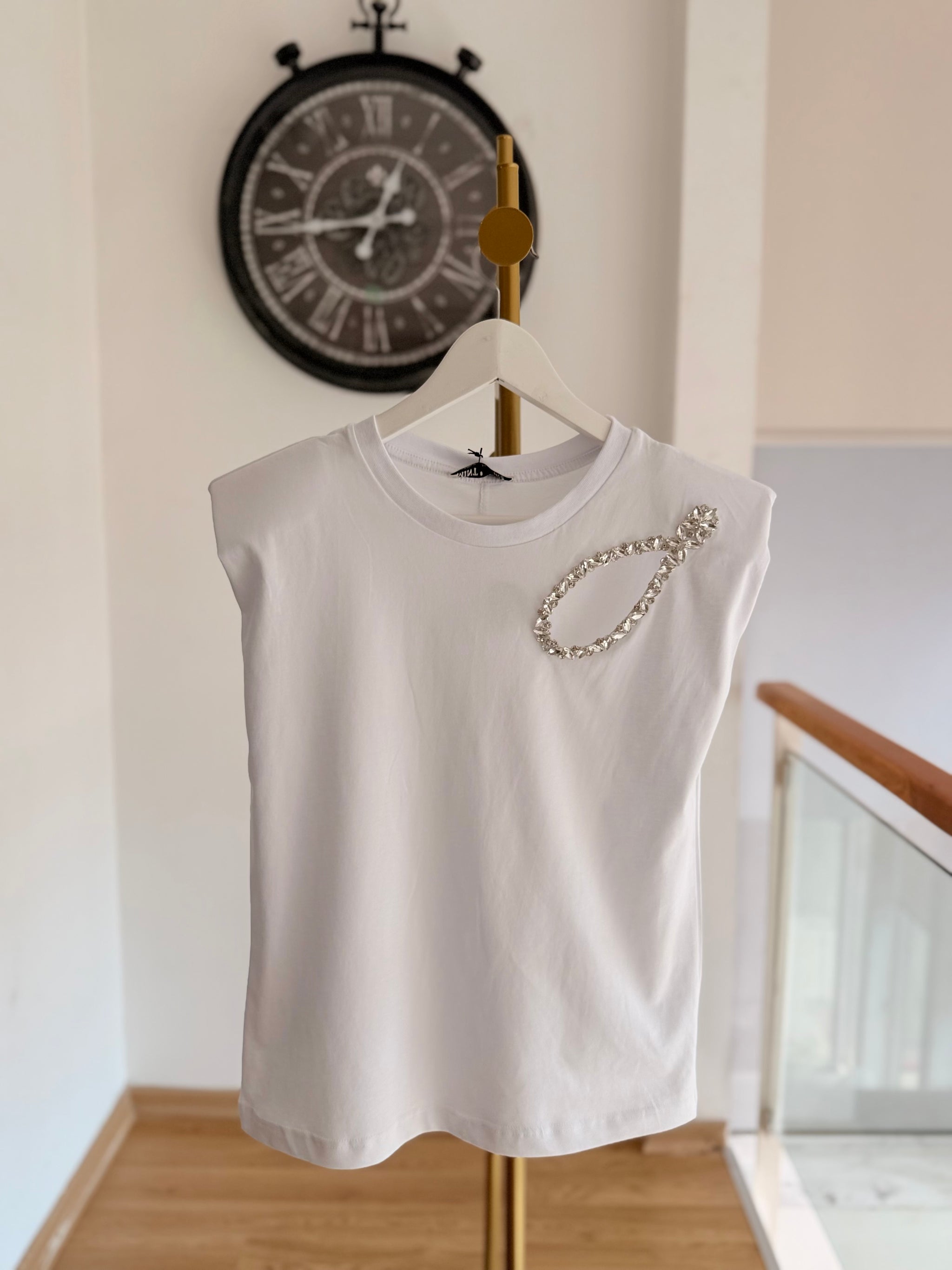 Taş Dekolte Detaylı Beyaz Bluz&Tshirt