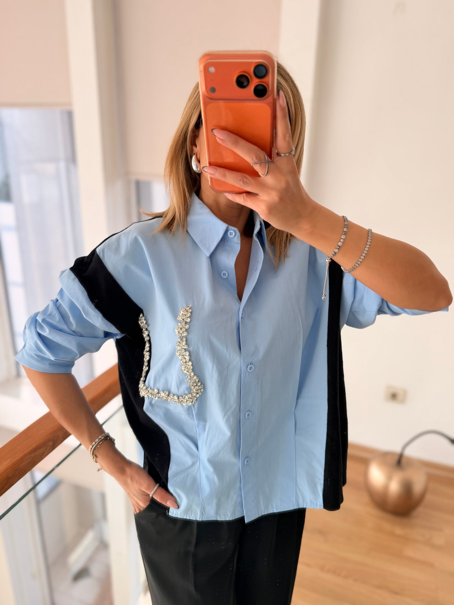 Taş Detaylı Premium Gömlek&Triko Bebe Mavi&Siyah