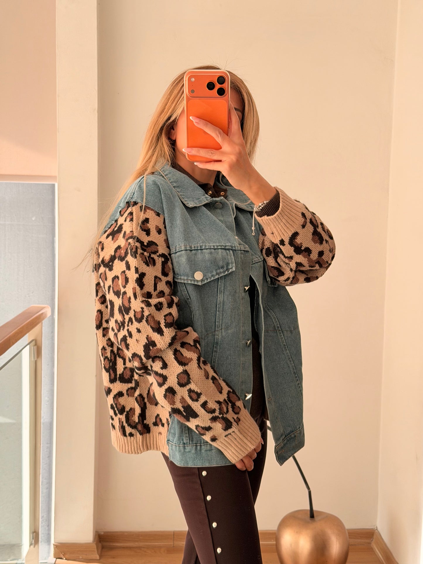 Denim Leopar Kadın Triko Hırka