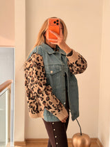 Denim Leopar Kadın Triko Hırka