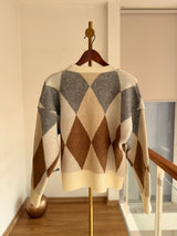 Baklava Desenli Ekru&Bej Kahve Hırka