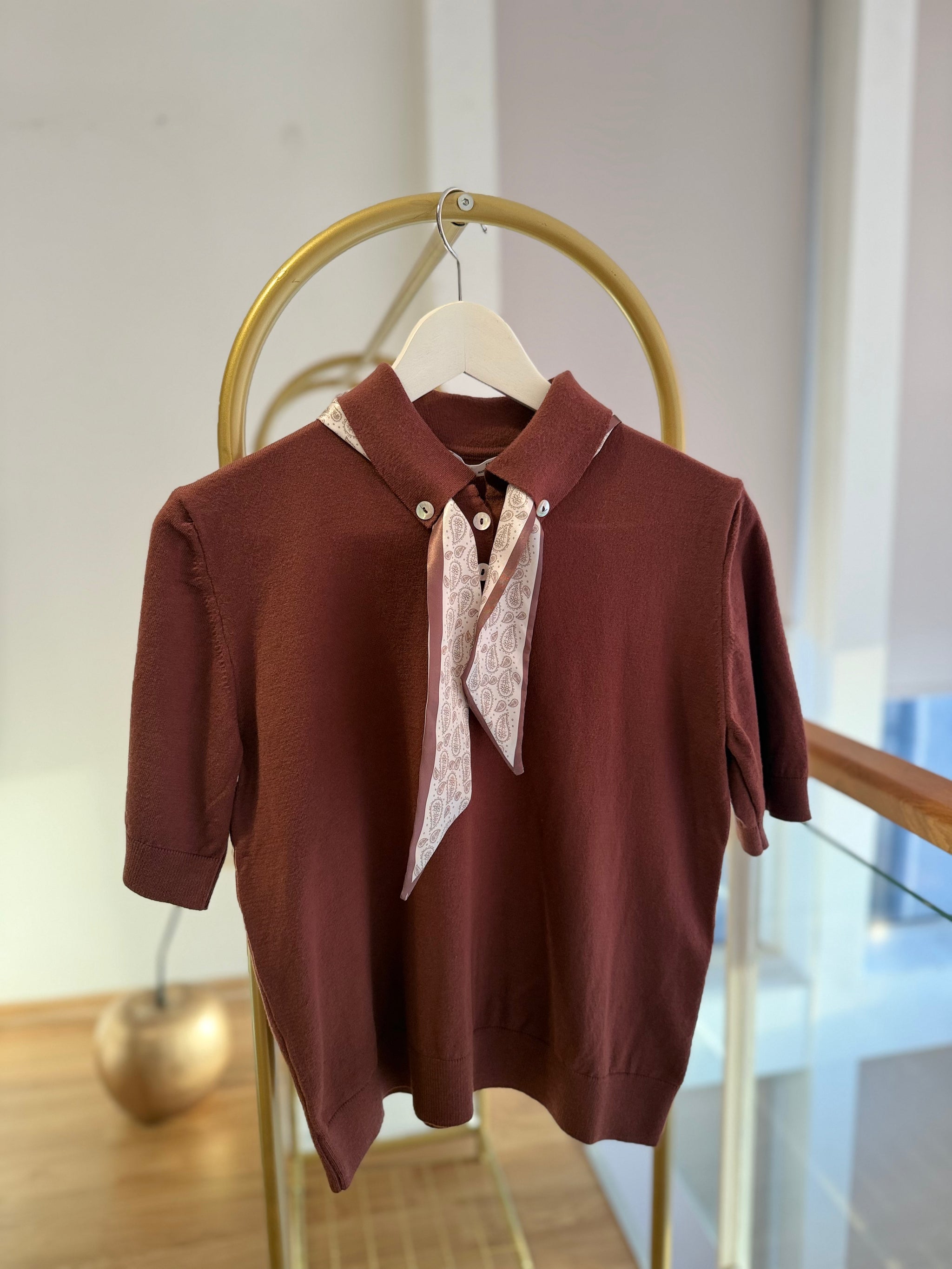 Acı Kahve Saten Fularlı Kısa Kol Kadın Kazak