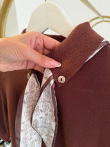 Acı Kahve Saten Fularlı Kısa Kol Kadın Kazak