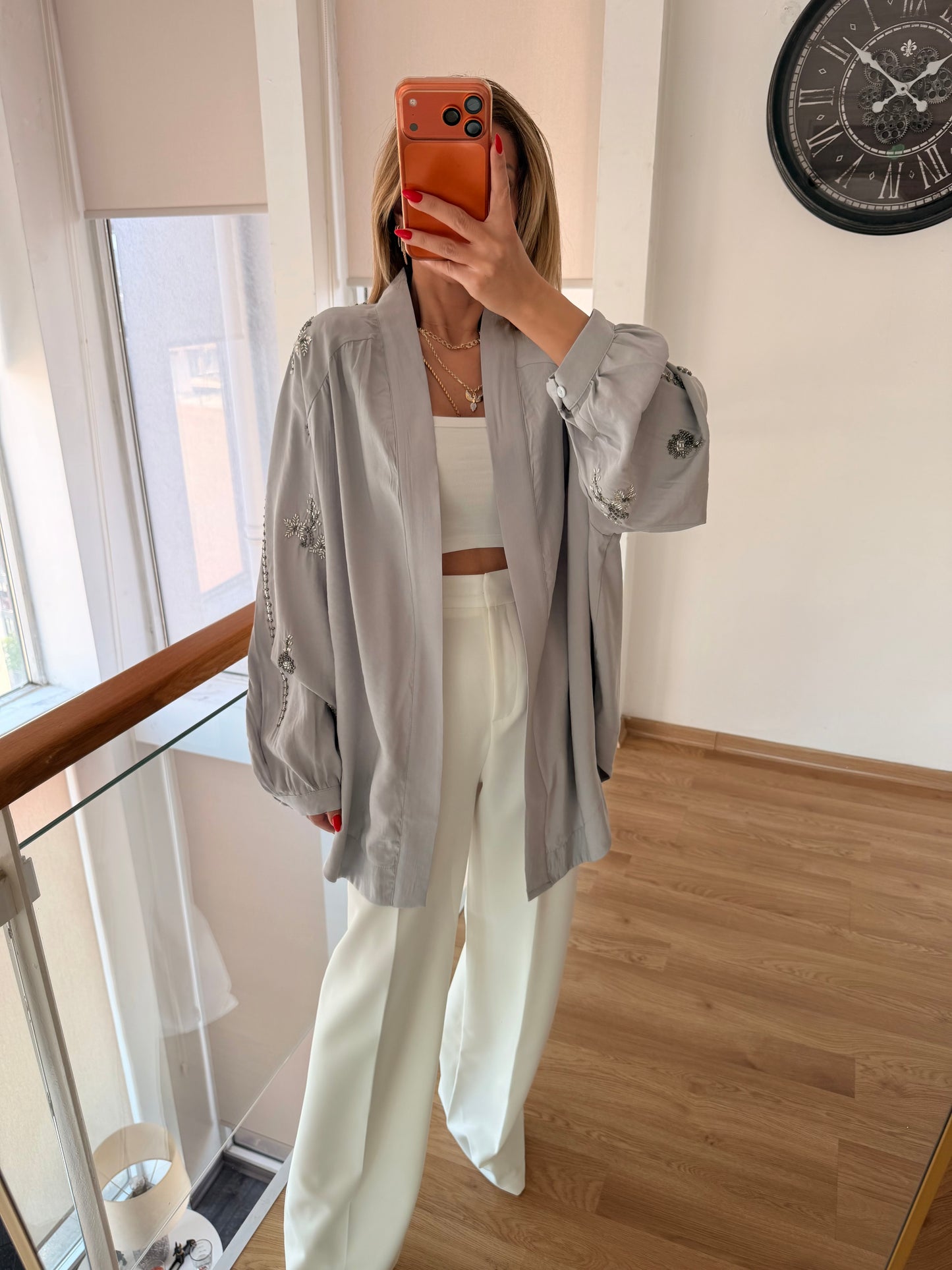 İşlemeli Pamuk Saten Kimono