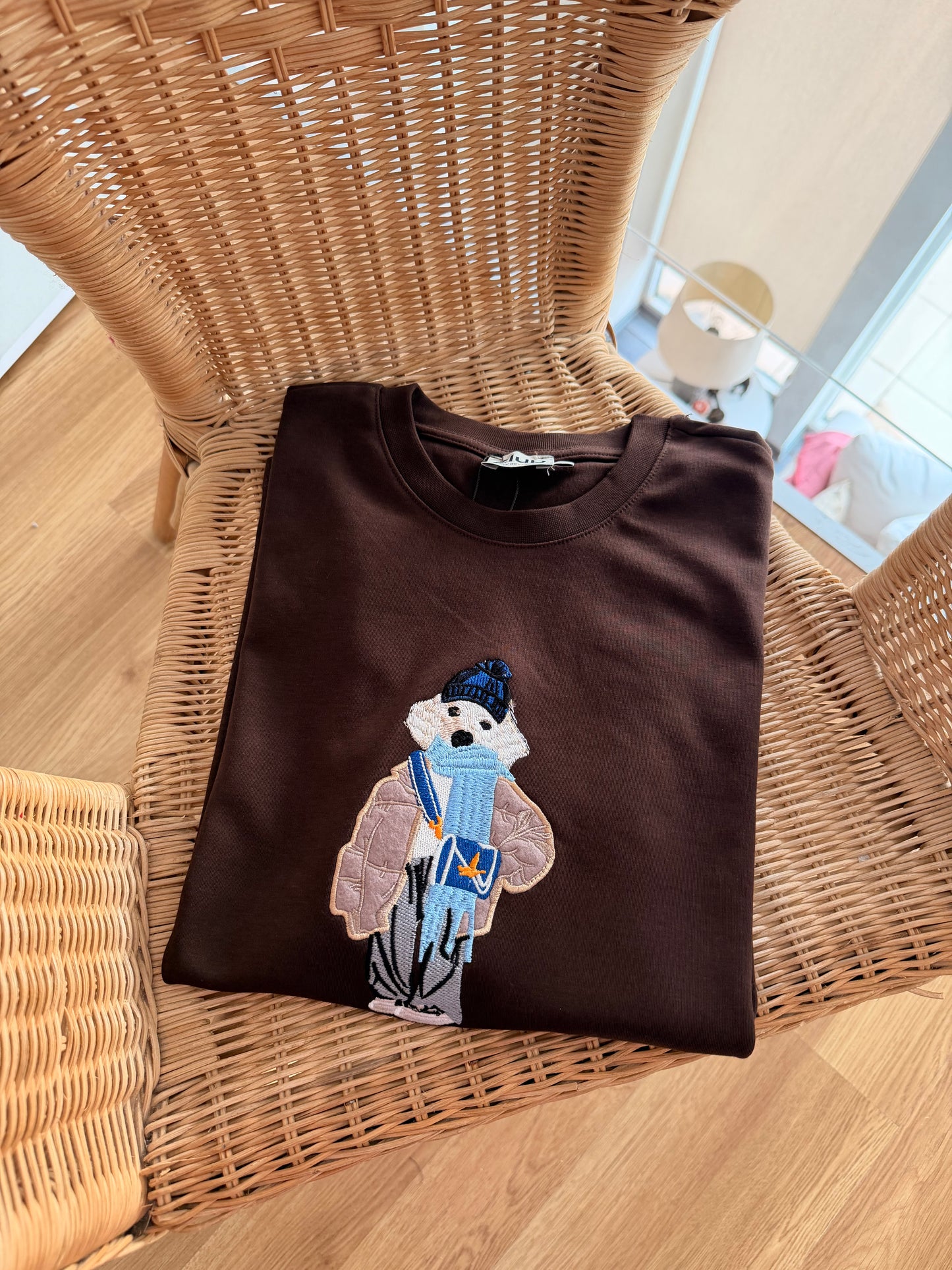 Snow Dog İşlemeli %100 Cotton Basic Tshirt Acı Kahve