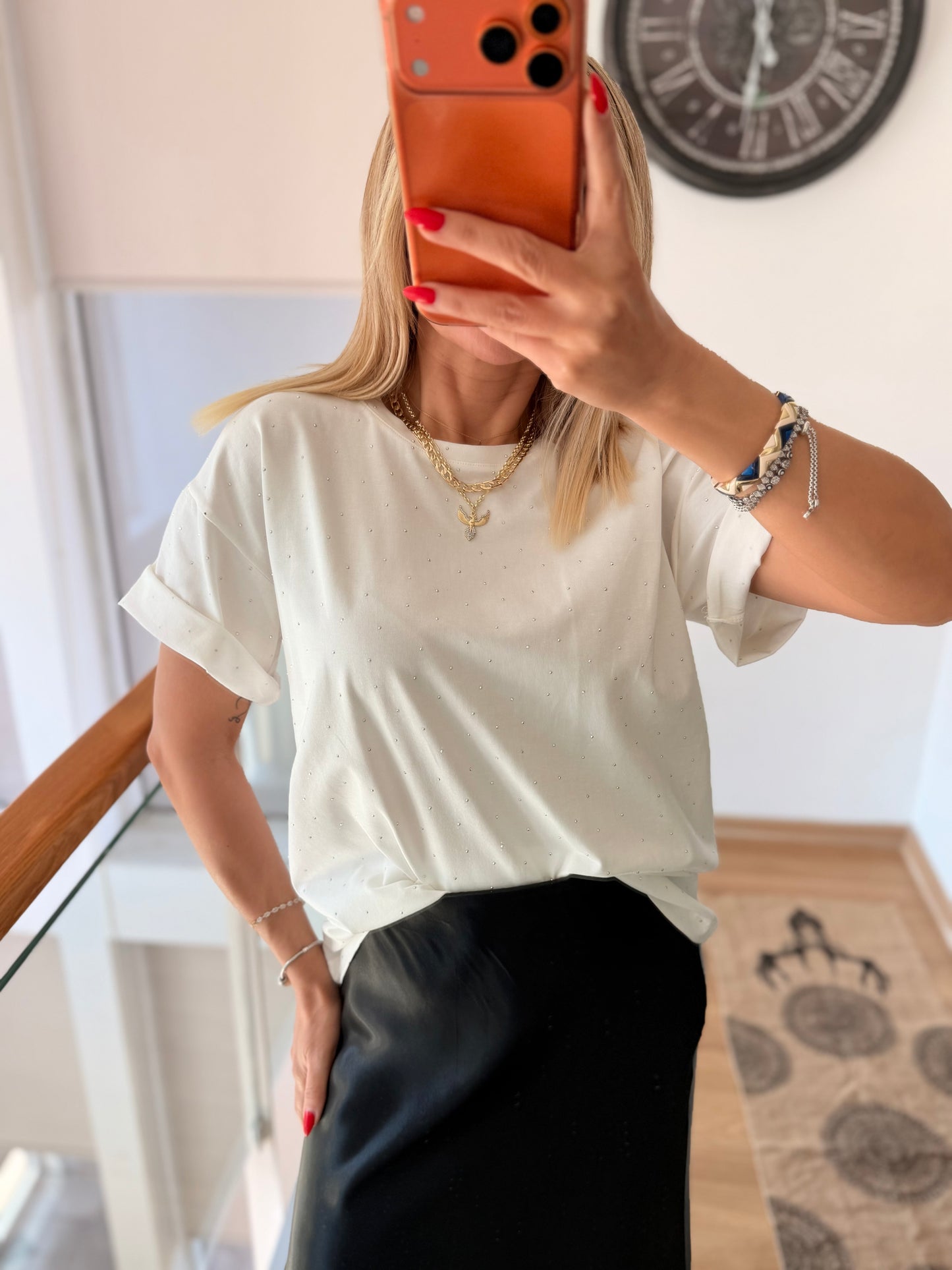 Taşlı Oversize Beyaz %100 Cotton Tshirt