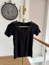 Siyah V Dantel Yaka Tshirt