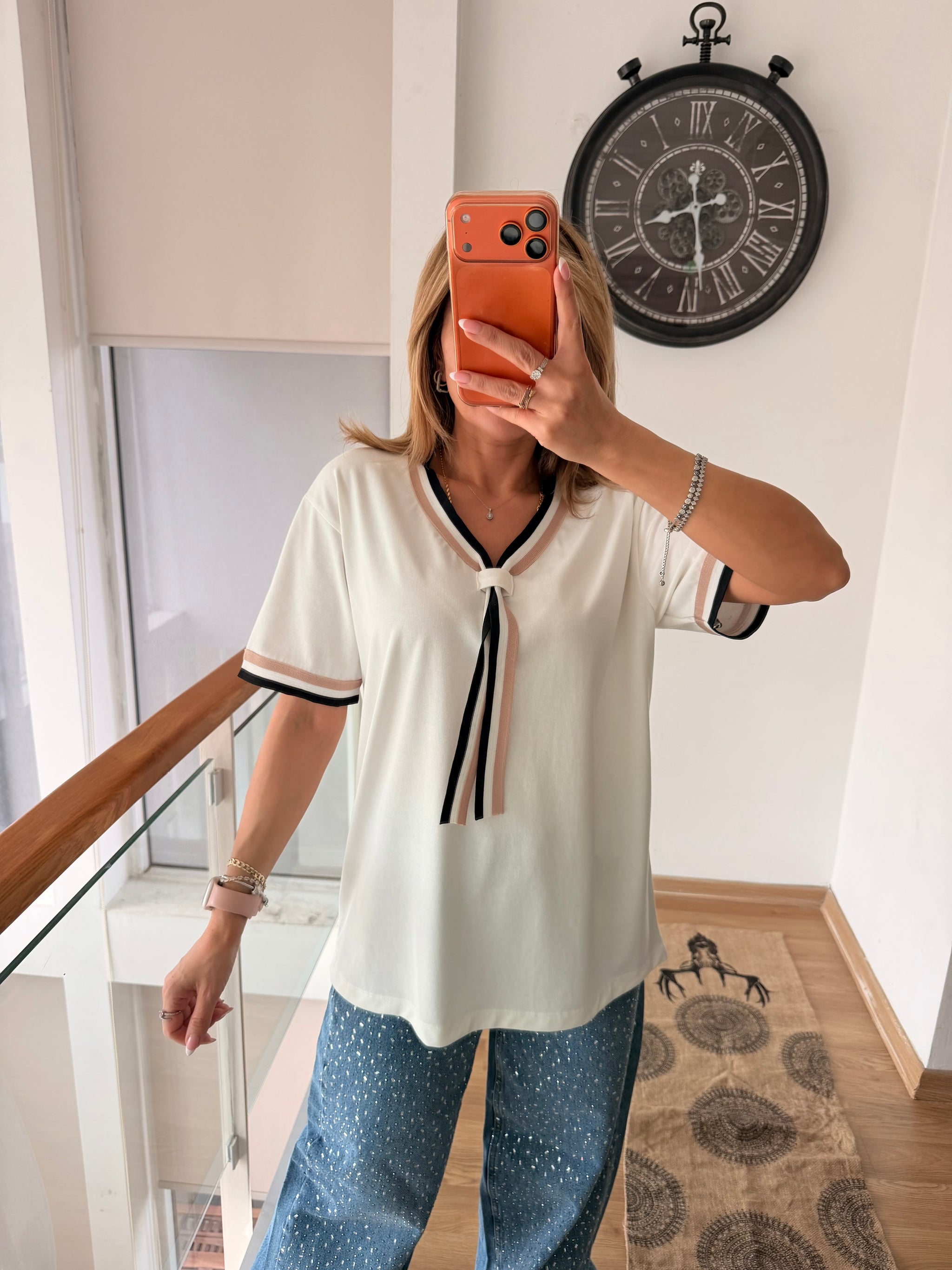 Örme Denizci Yaka Beyaz %100 Cotton Tshirt