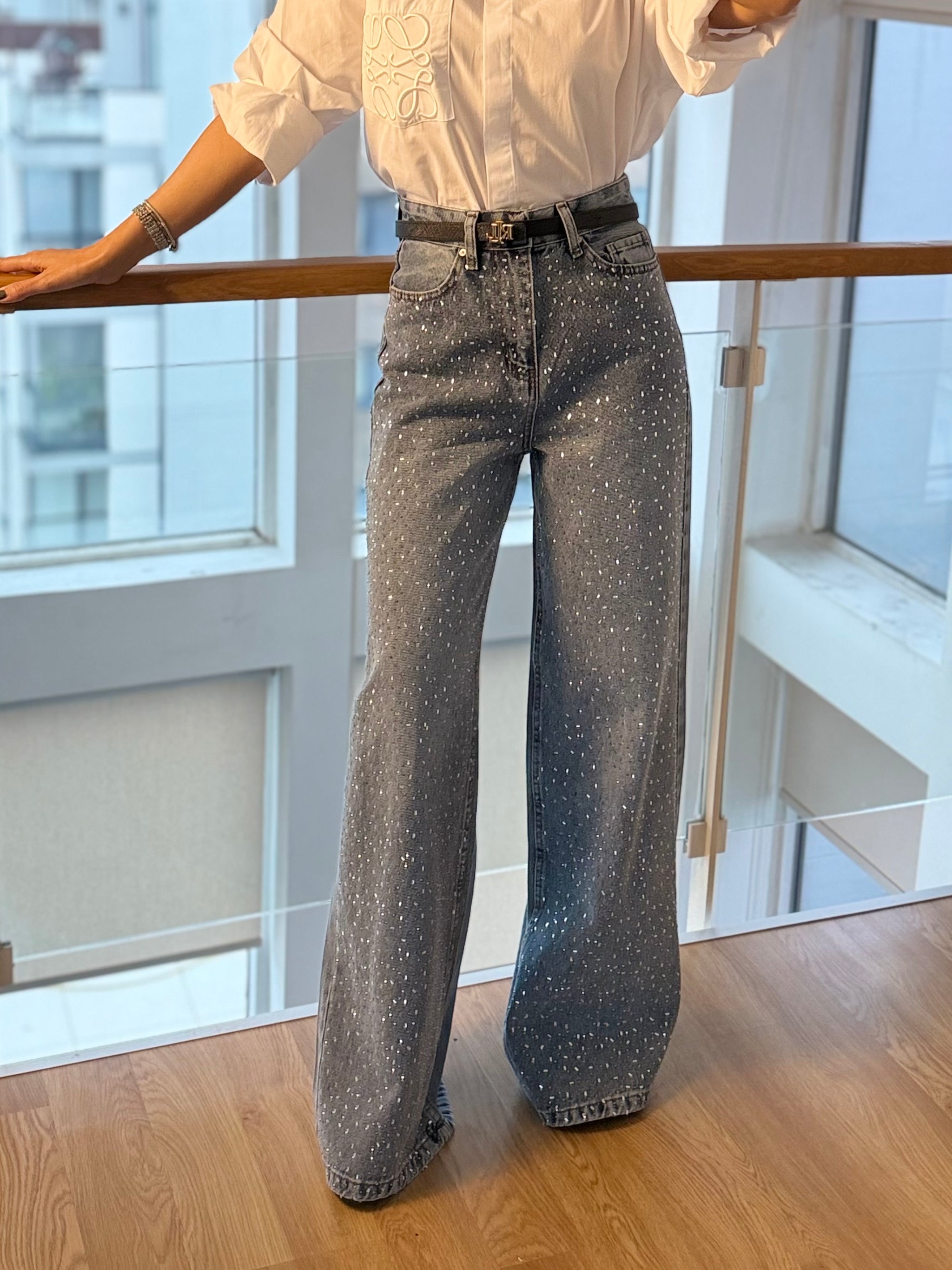 Baget Taşlı Yüksek Bel Palazzo Jean