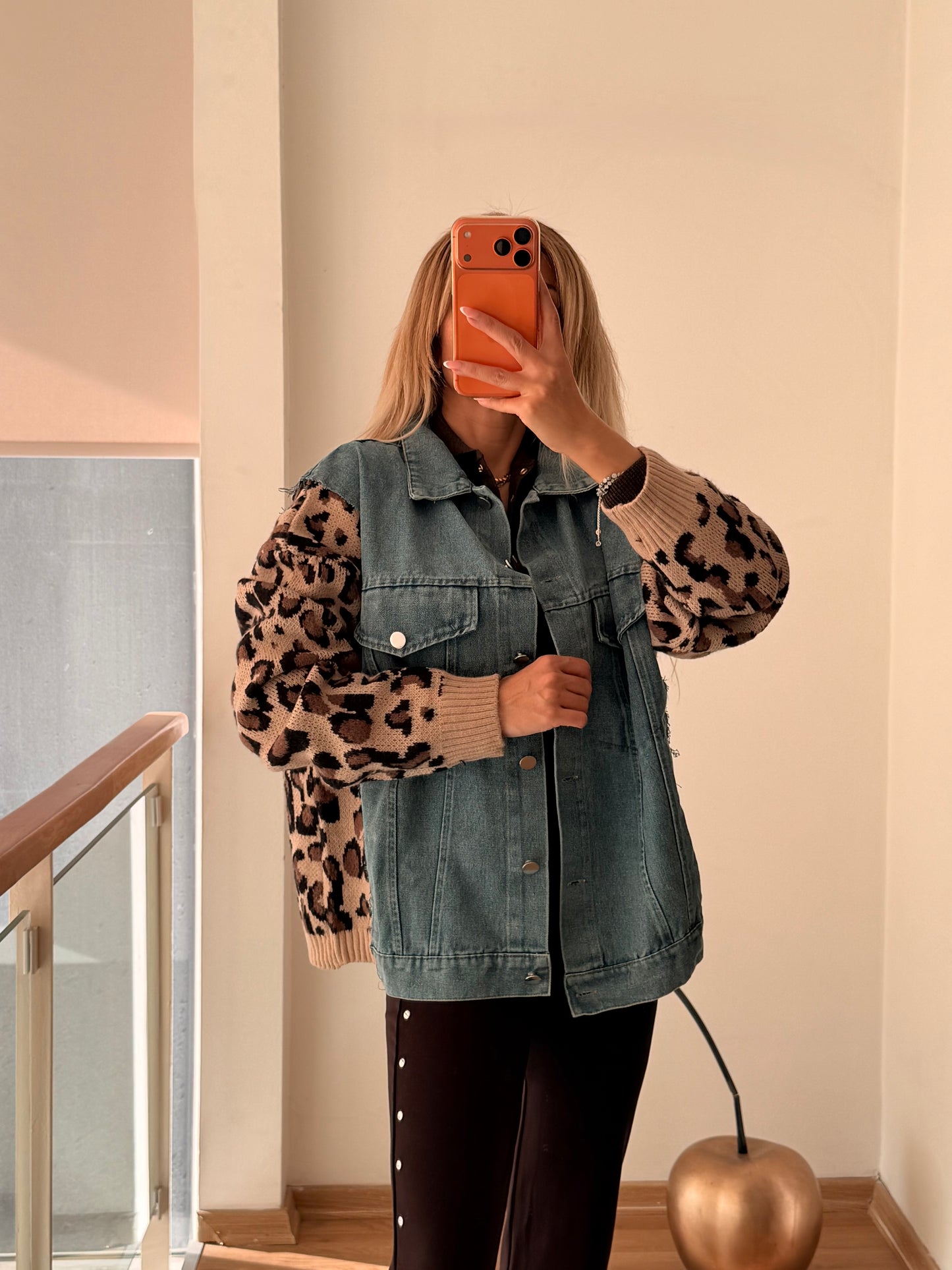 Denim Leopar Kadın Triko Hırka