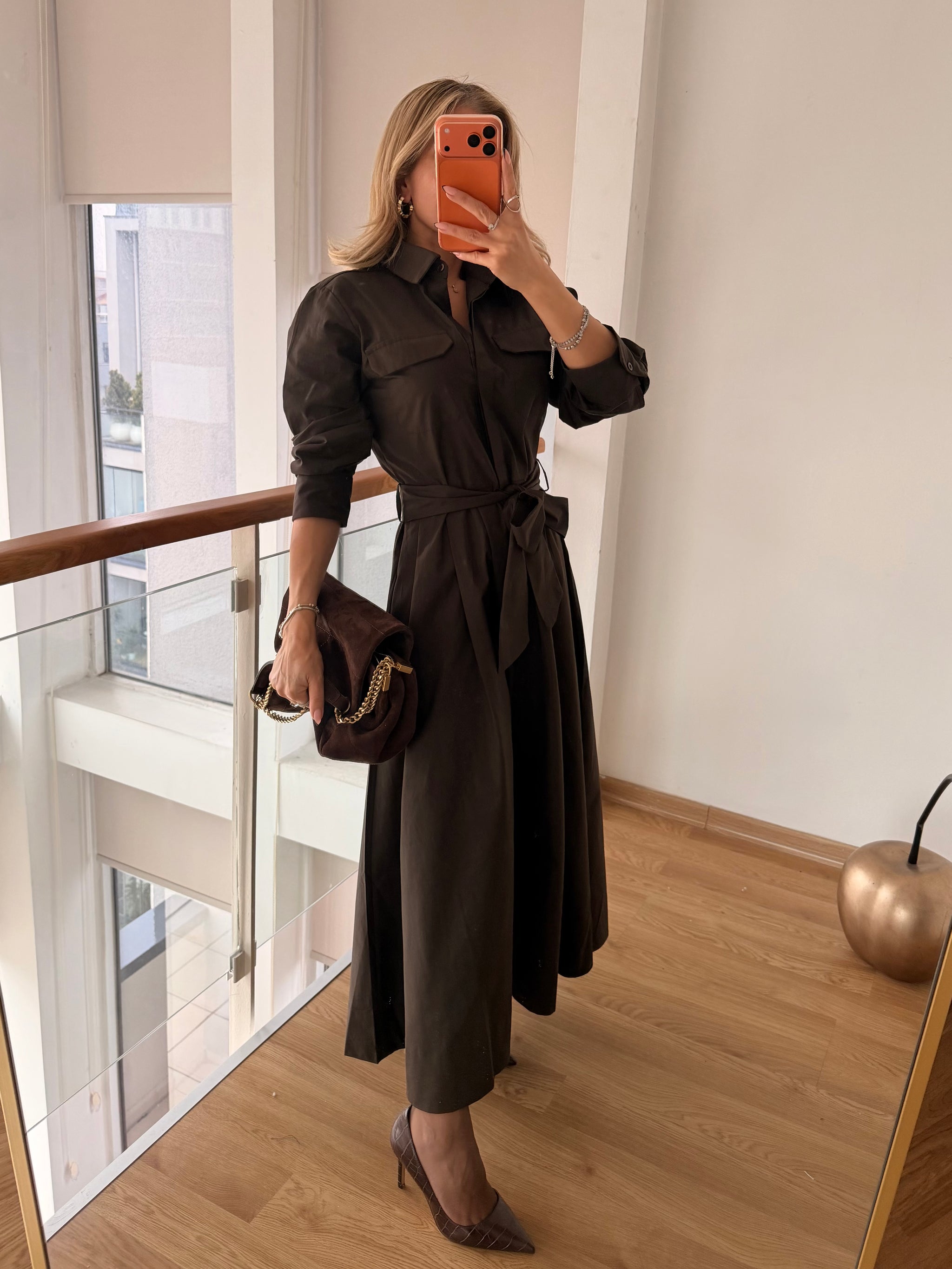 Acı Kahve Cepli Uzun Elbise