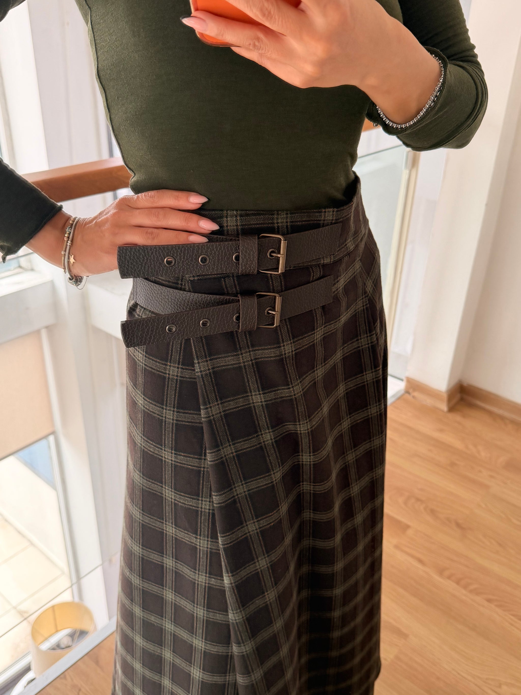 Ekose Haki Yırtmaçlı Etek