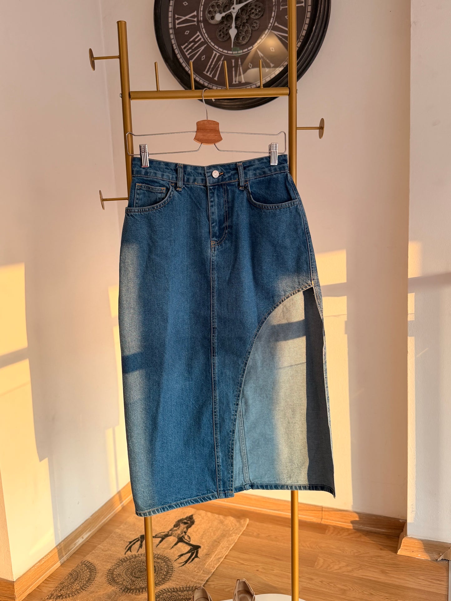 Yan Yırtmaçlı Jean Uzun Etek