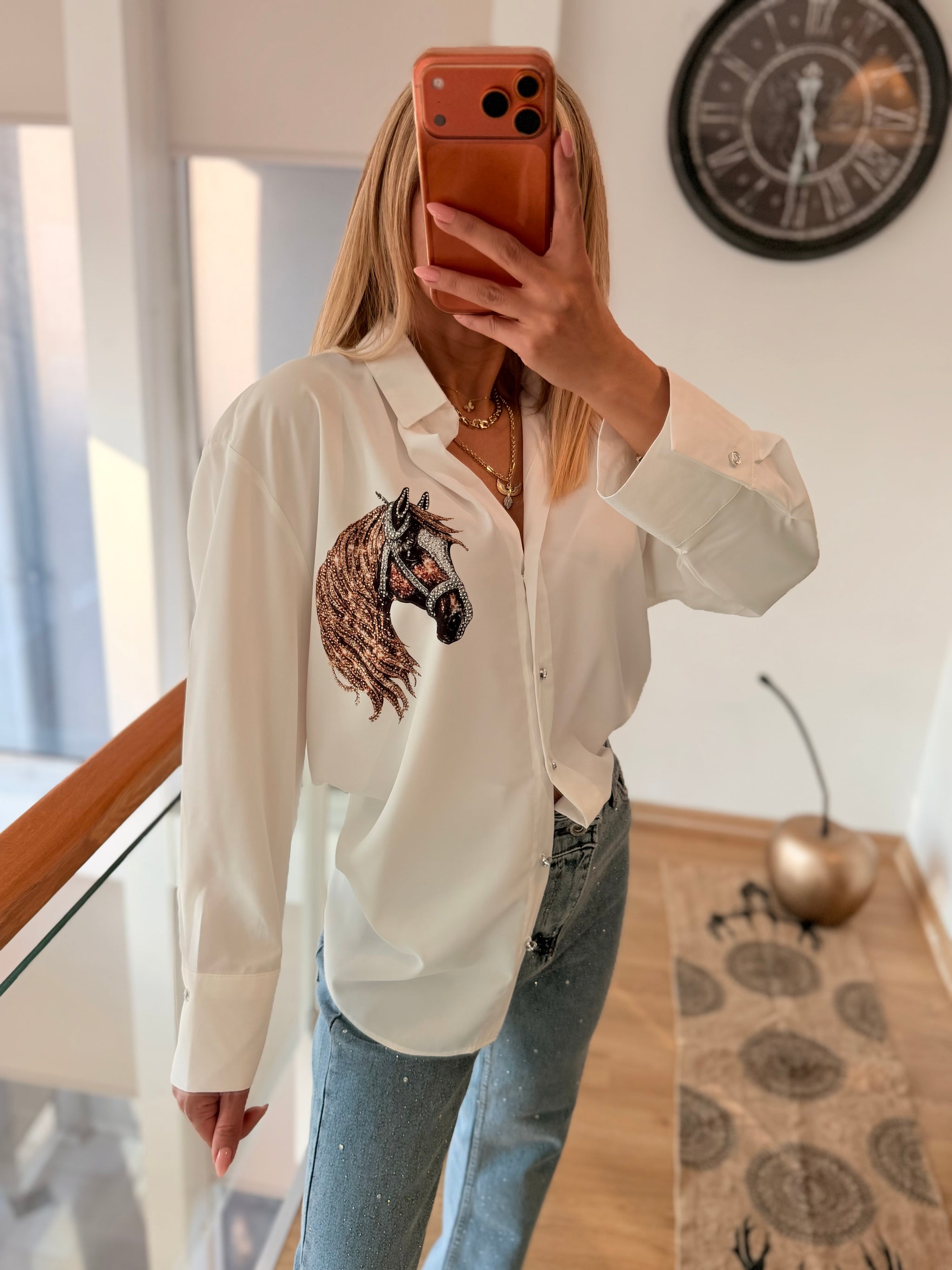 Taşlı Horse2 Tasarım İpek Saten Gömlek