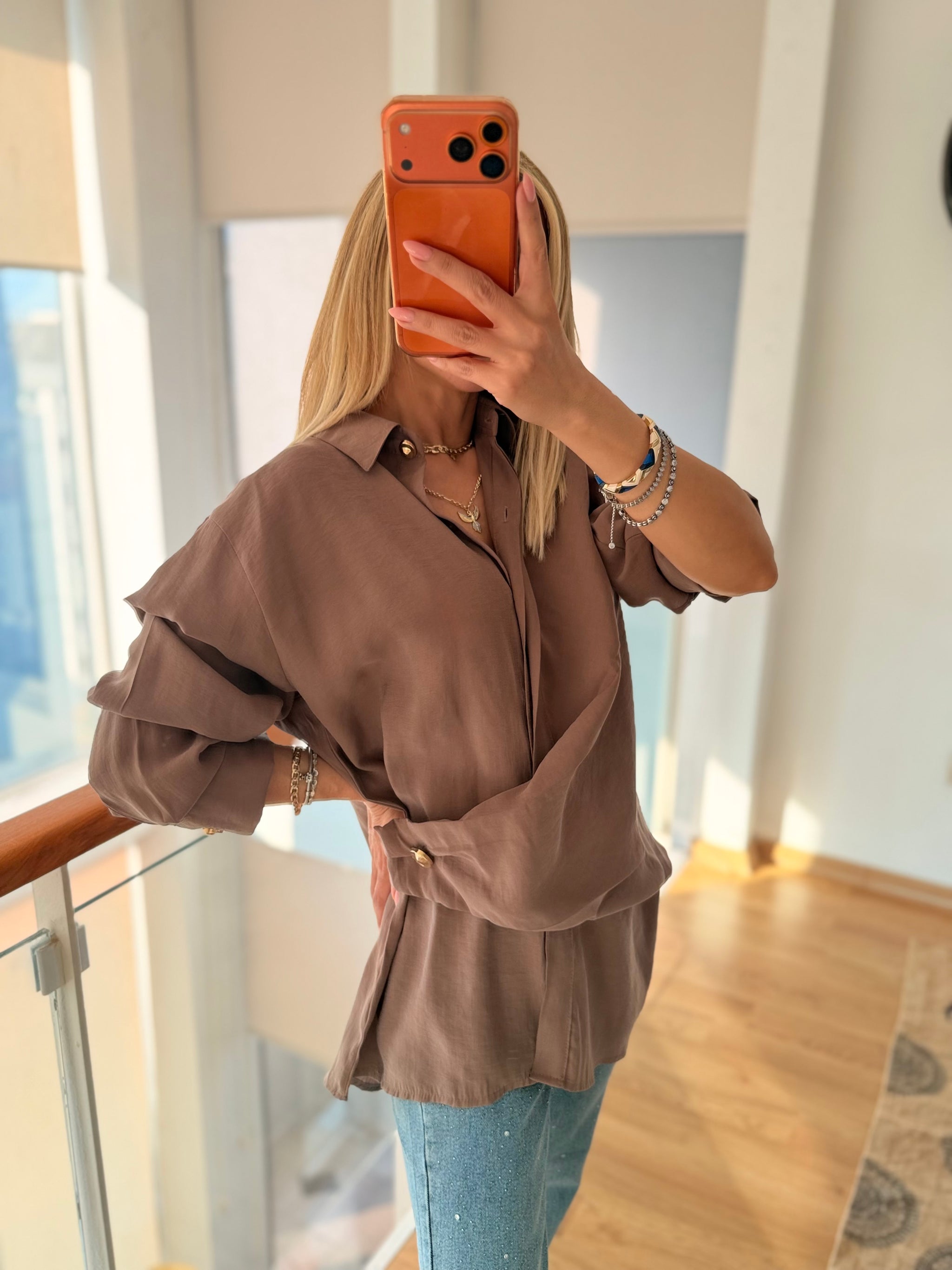 Gold Detaylı Premium Pamuklu Tencel Pastel Kahve Gömlek