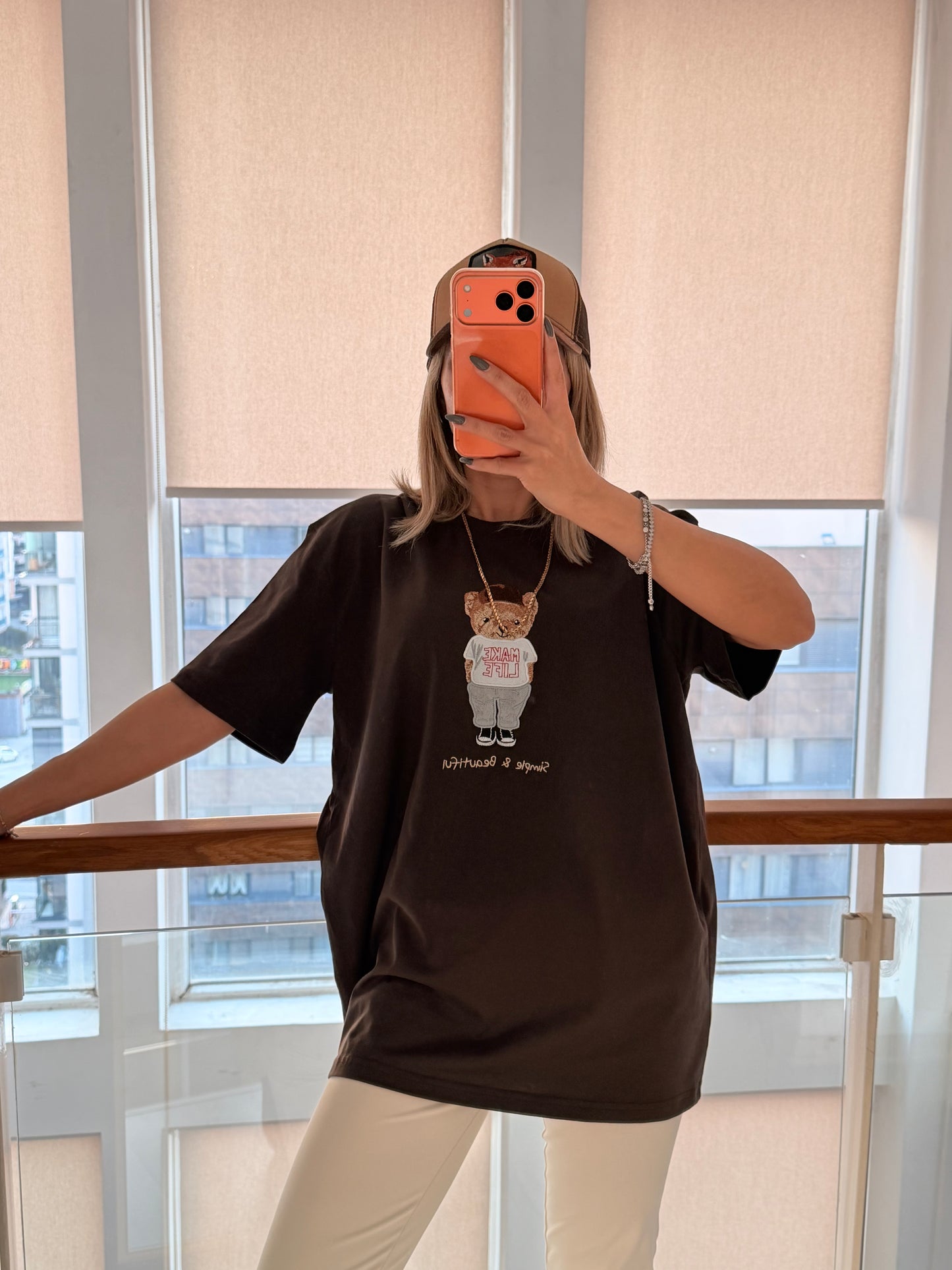 Make Life Bear İşlemeli Acı Kahve Unisex Basic T-shirt