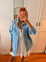 Oversize Premium Taş İşleme Jean Ceket