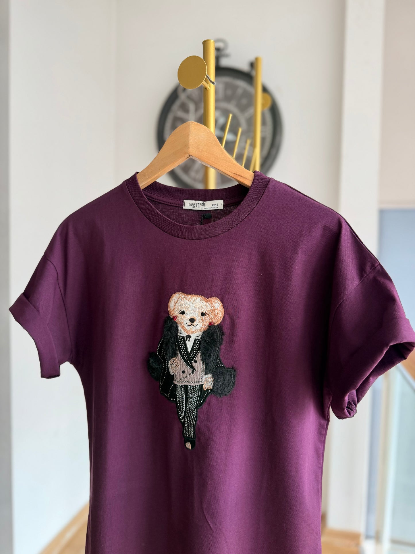 Kürklü Cool Bear Pastel Mürdüm Tshirt