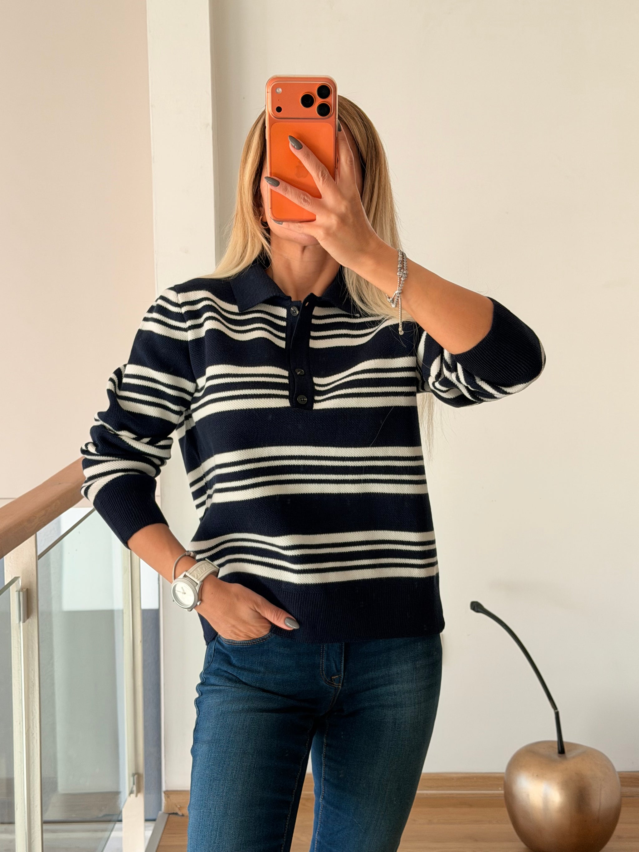 Lacivert Çizgili Kadın Triko Kazak