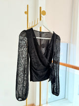 Kruvaze Yaka Bağlamalı Siyah Şifon Bluz