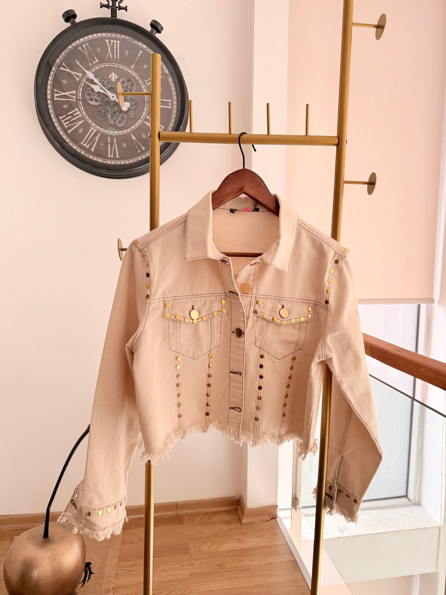 Premium Kısa Jean Ceket Kum Beji