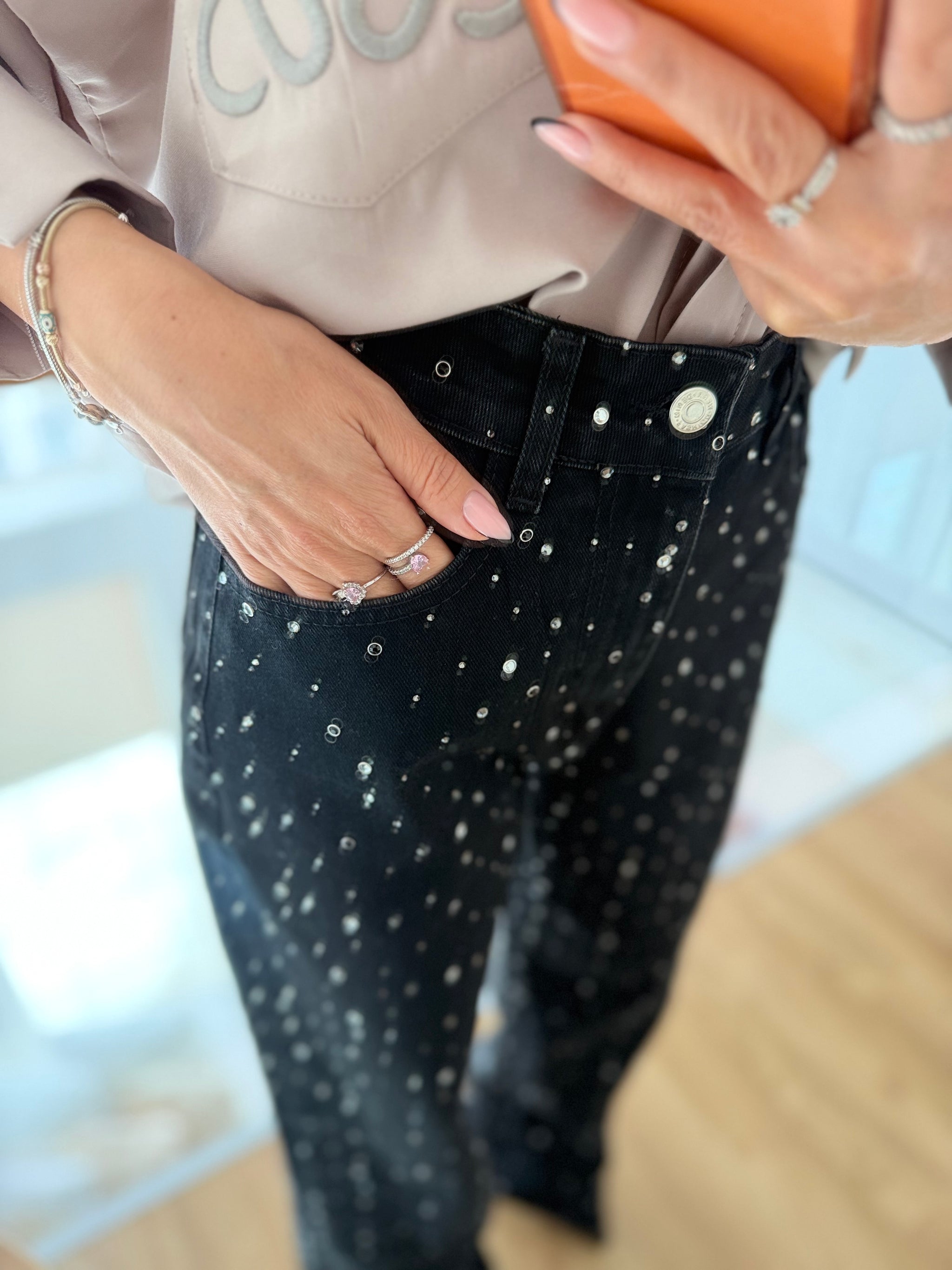 Taş İşlemeli Antrasit Siyah Jean