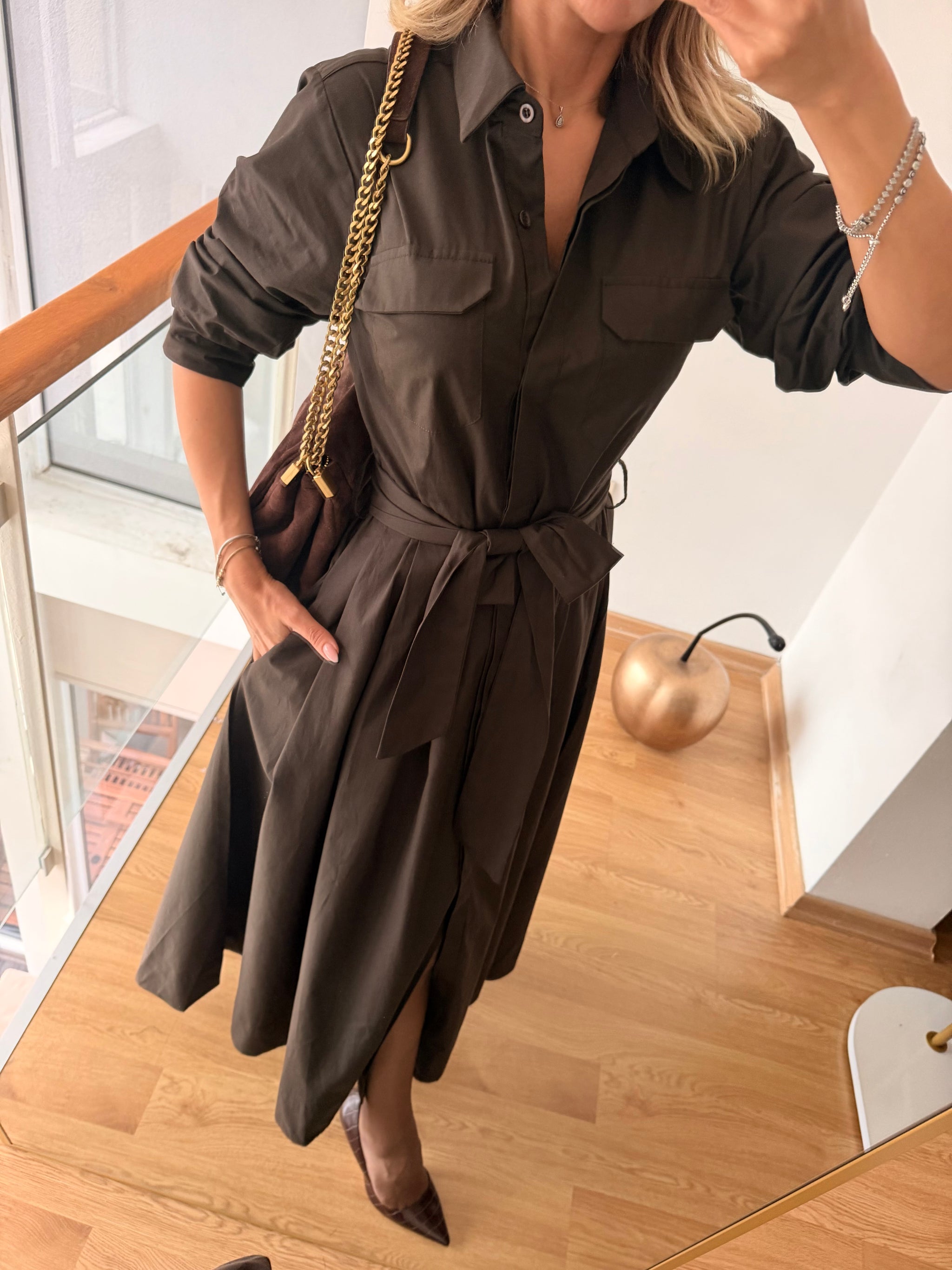 Acı Kahve Cepli Uzun Elbise