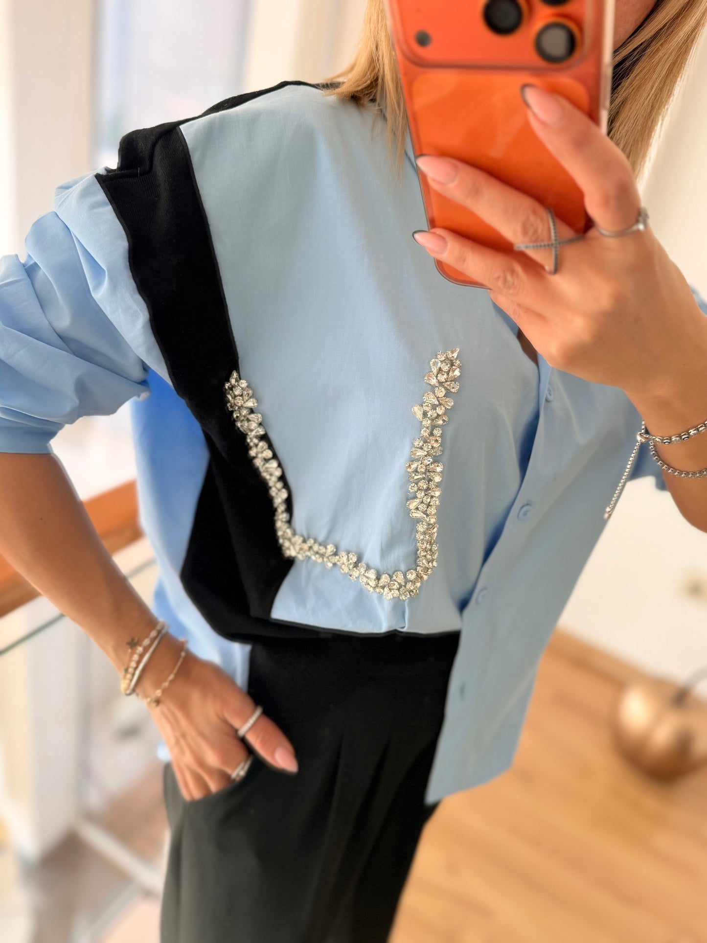 Taş Detaylı Premium Gömlek&Triko Bebe Mavi&Siyah