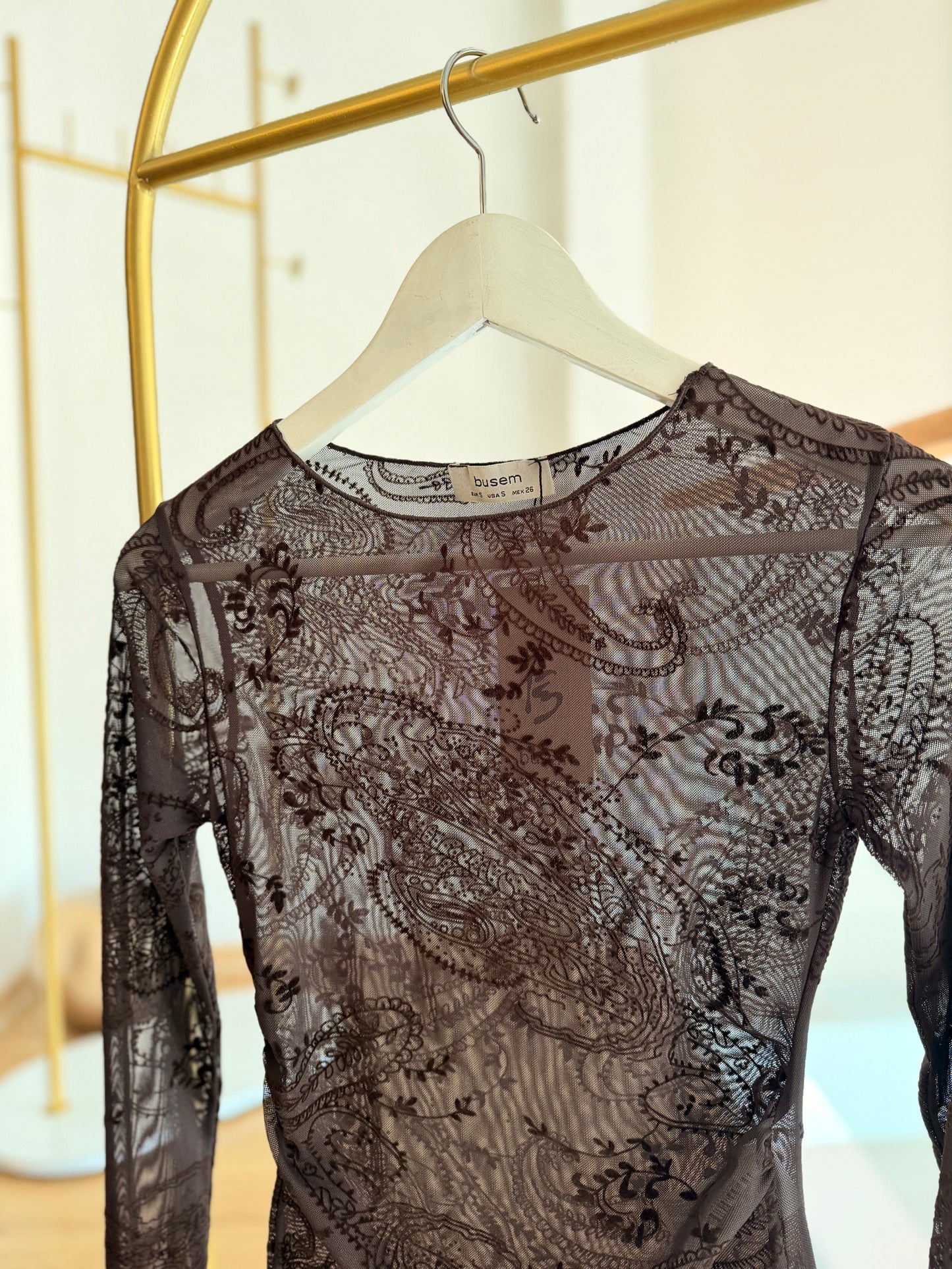 Acı Kahve Tül Desenli Şifon Bluz