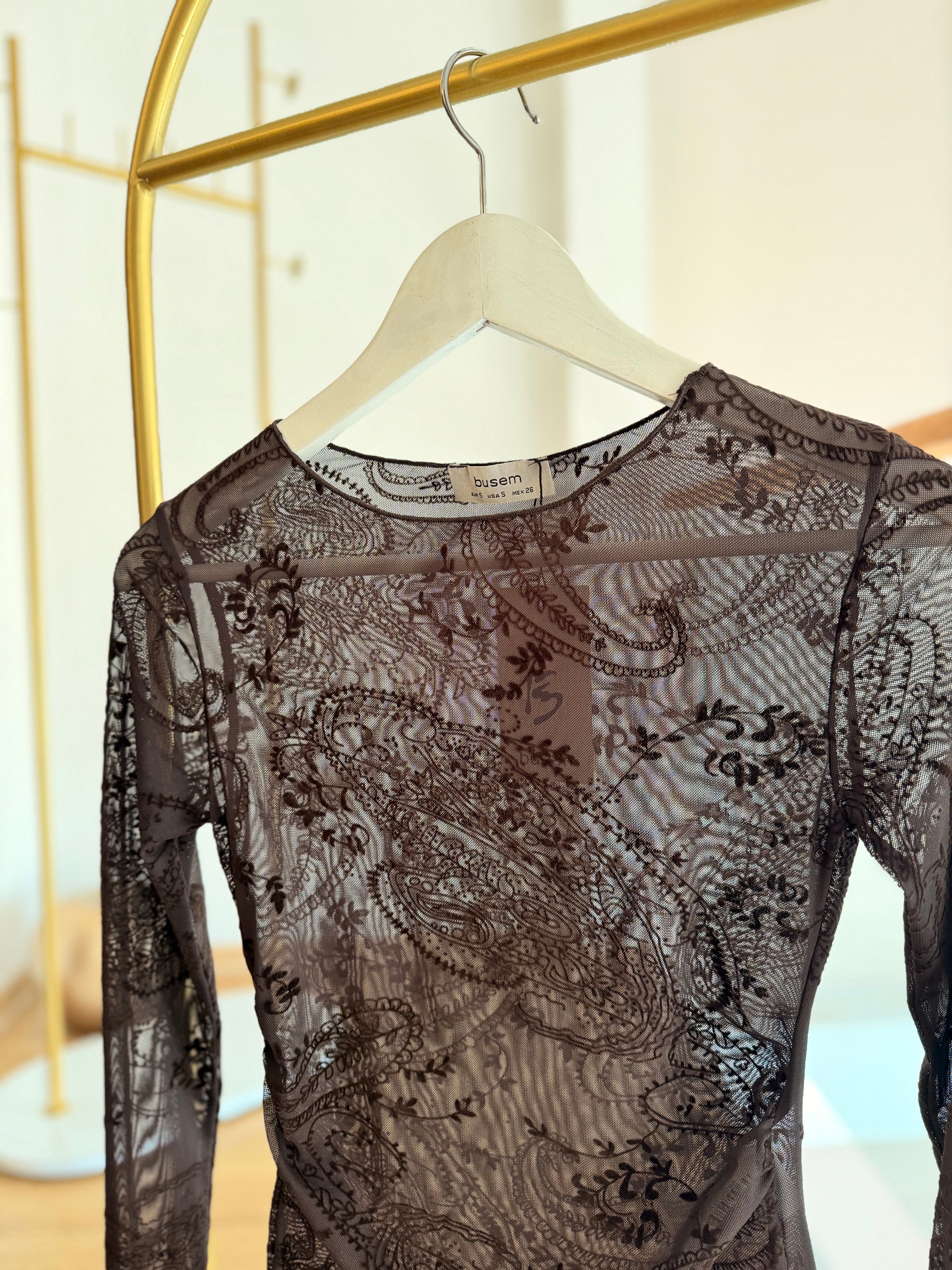 Acı Kahve Tül Desenli Şifon Bluz